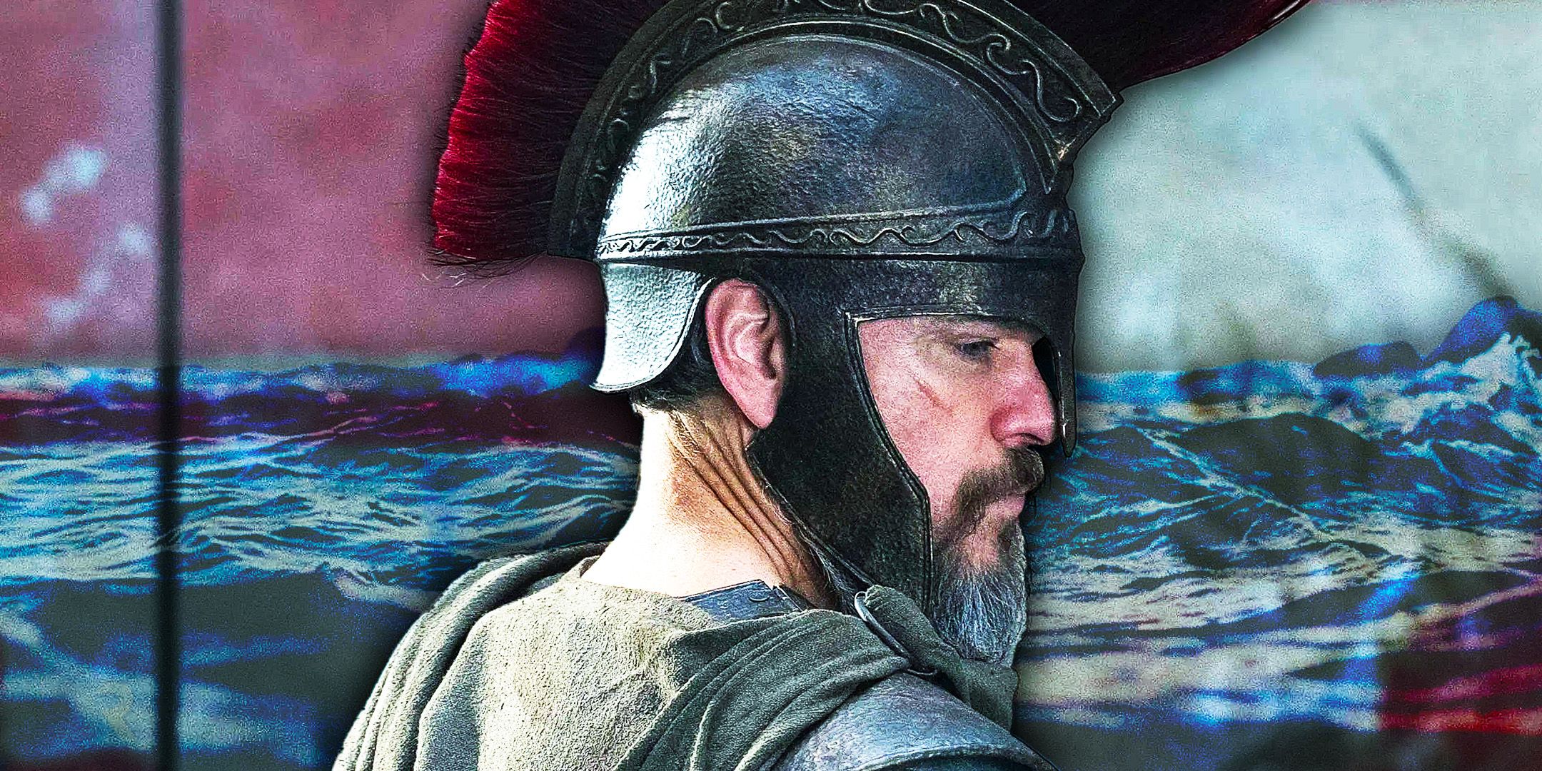 Matt Damon in the Odyssey viewed in profile in front of an ocean backdrop