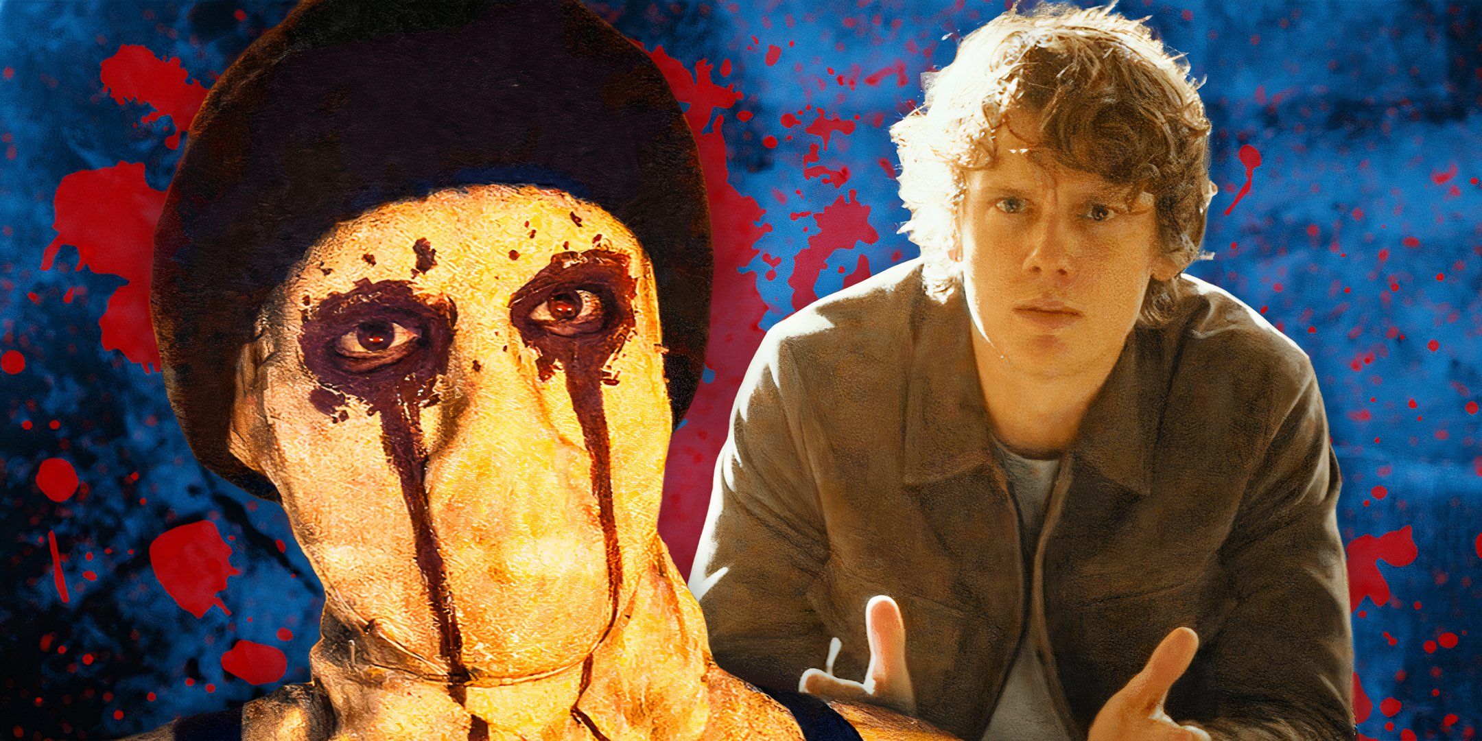 A wide-eyed Muse and Bastian Cooper looking confused from Daredevil: Born Again (2025) on a blood-stained background