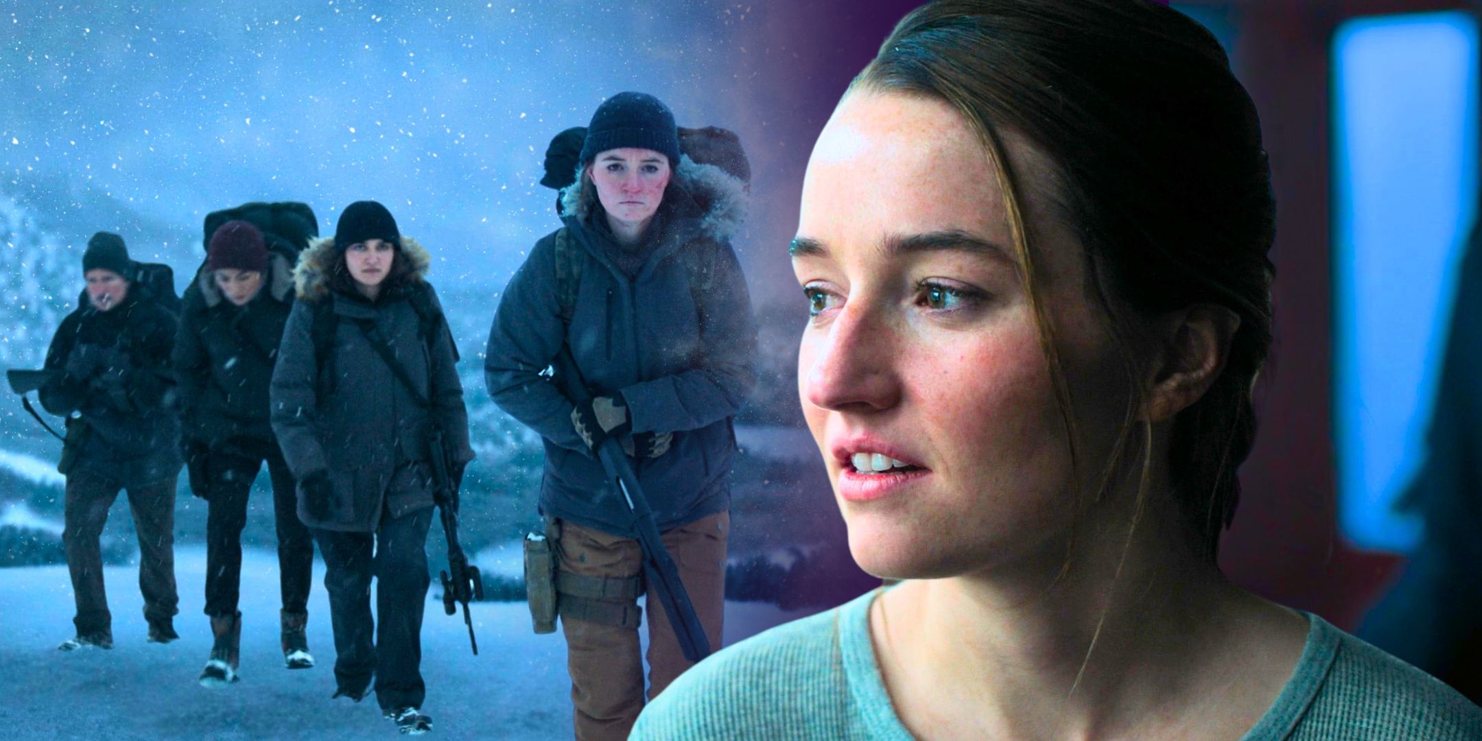 The Last of Us Abby&rsquo;s group walking in the snow and Abby (Kaitlyn Dever} in The Last Of Us Season 2 Episode 2
