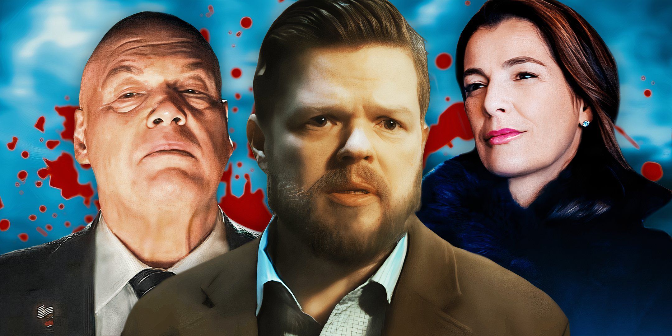 Foggy, Vanessa, and Wilson Fisk from Daredevil: Born Again (2025) above a blood-stained background