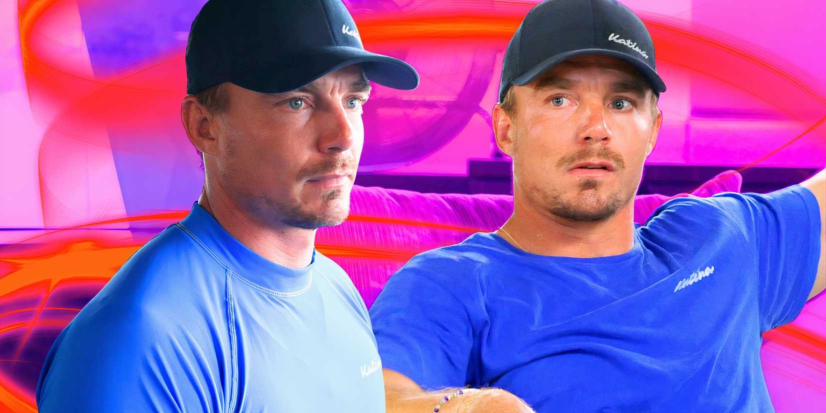 Wihan Du Toit star Below Deck Down Under in montage with two serious poses and a pink background