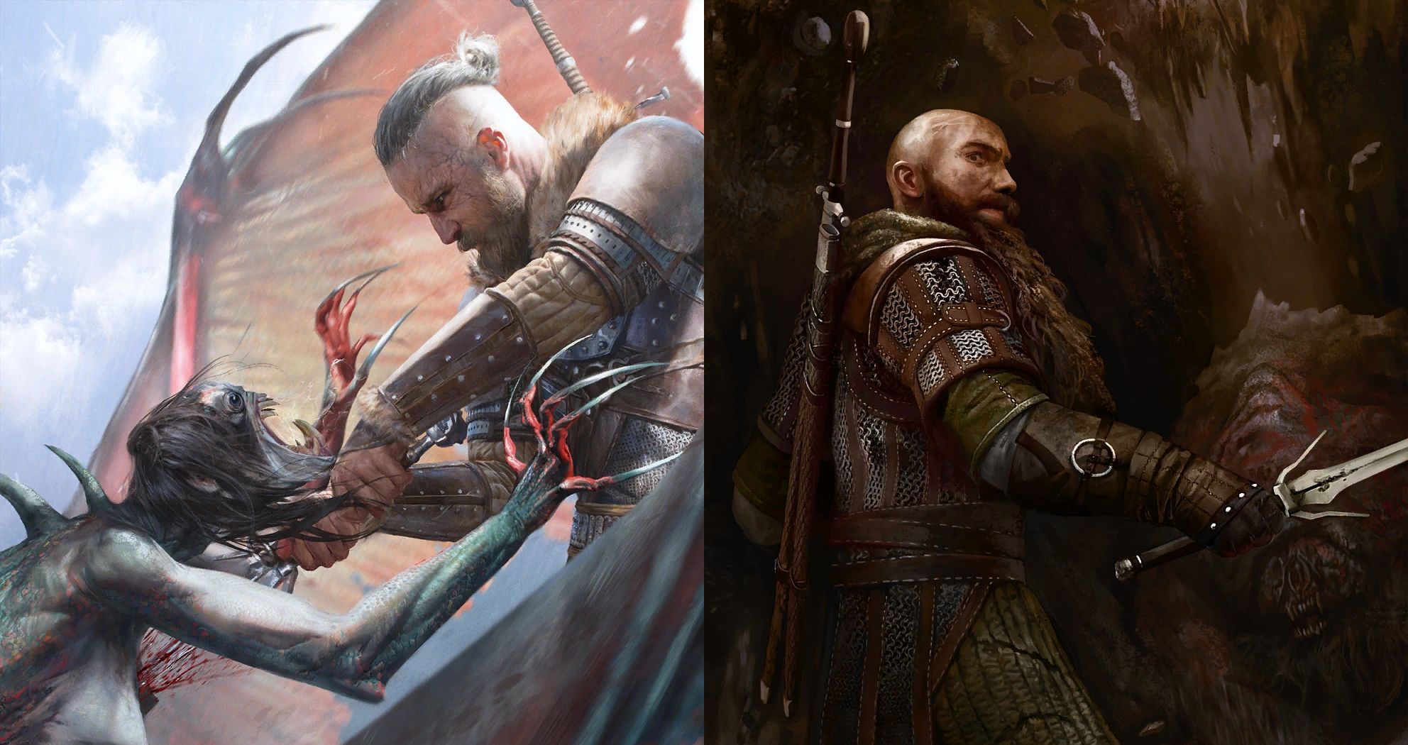 Witchers Gerd and Junod Fighting Monsters in Gwent Art by Anton Nazarenko and Sandra Chlewińska