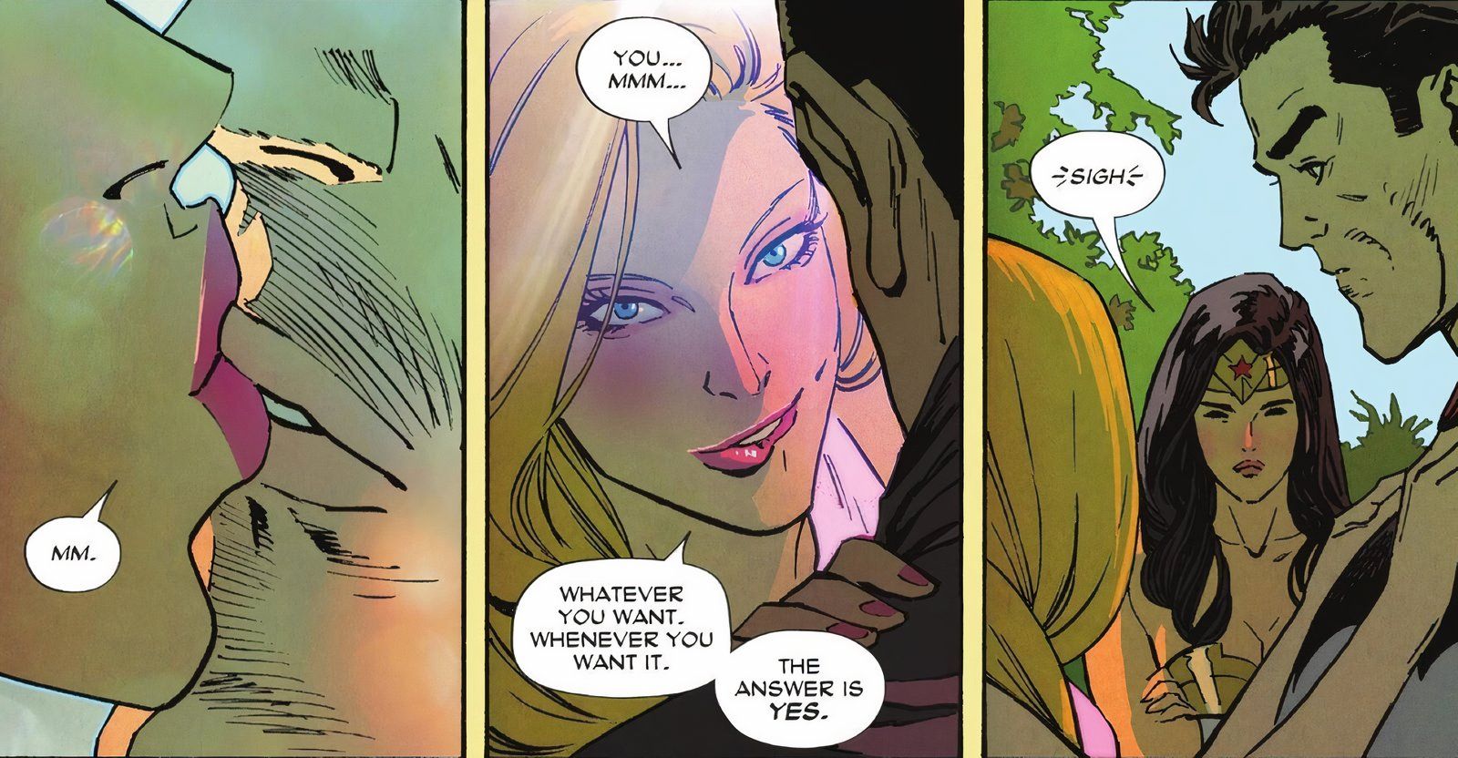 Wonder Woman #20 aphrodite and Batman kiss