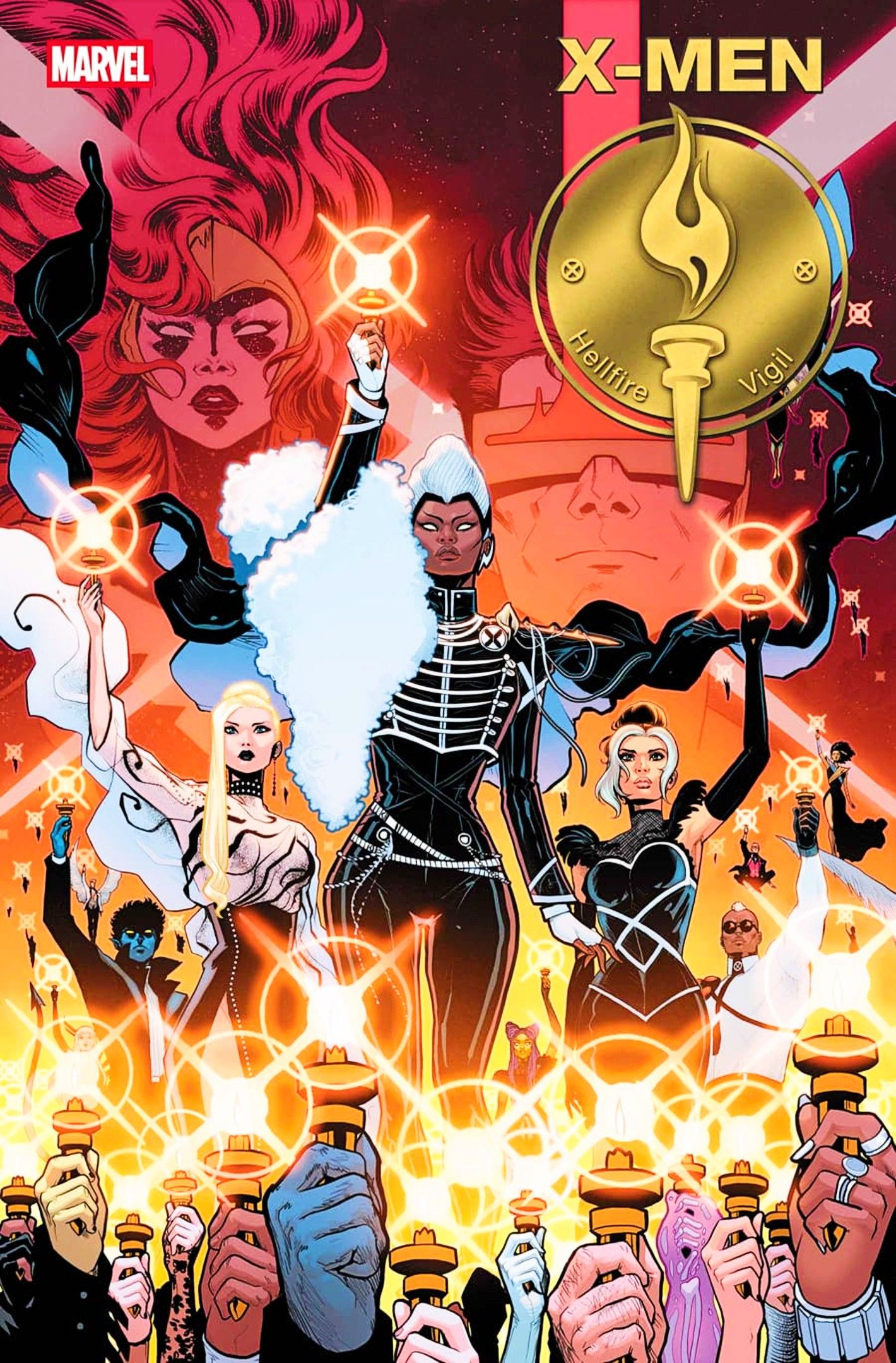 X-Men Hellfire Vigil #1 cover, mutants holding torches for their lost comrades