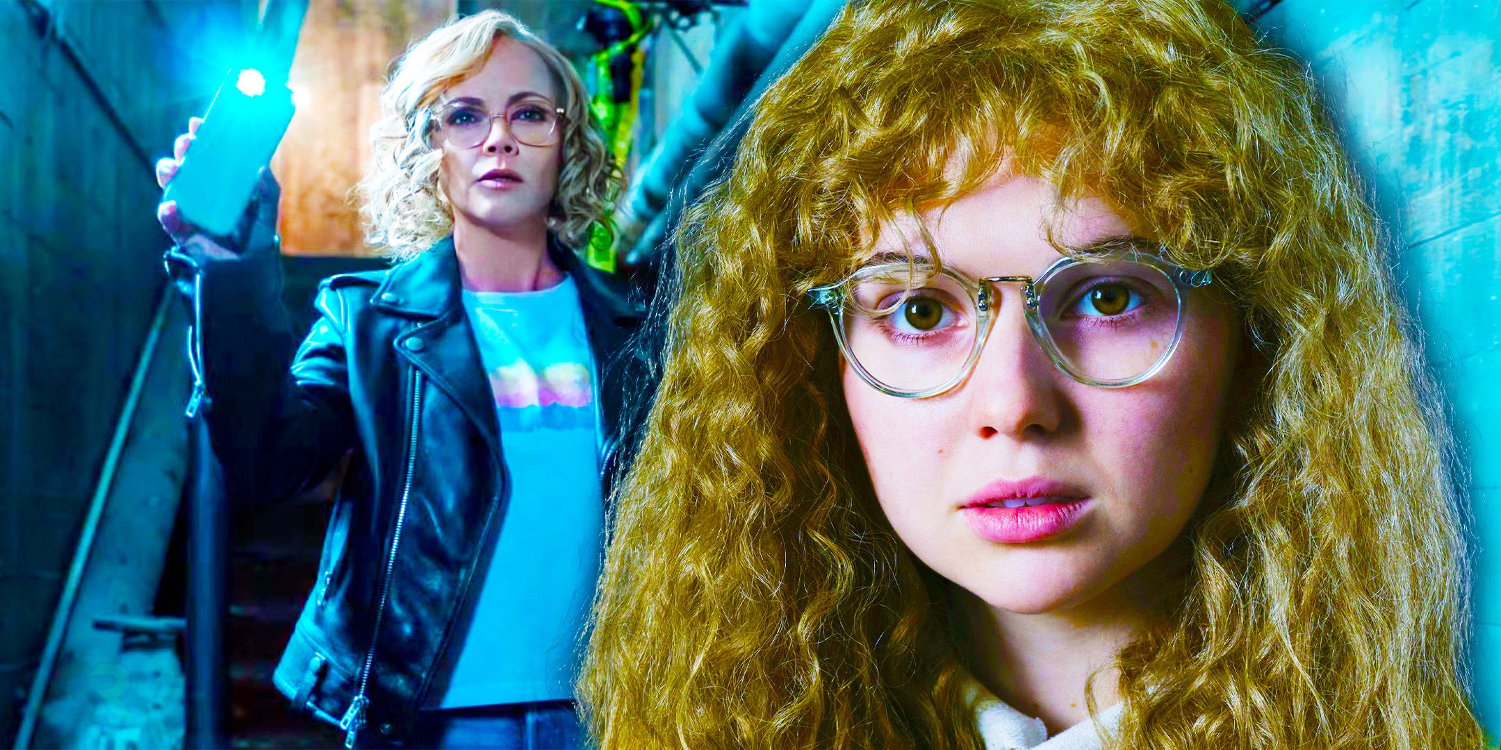 Christina Ricci as adult Misty shining her phone&rsquo;s flashlight with Samantha Hanratty as teen Misty string toward the camera in Yellowjackets
