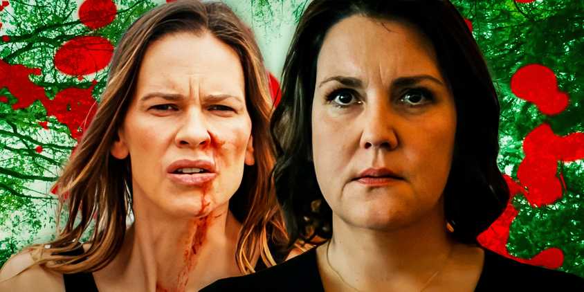 Custom image of Melissa (Hilary Swank) and Shauna (Melanie Lynskey) in front of a blood splatter in Yellowjackets