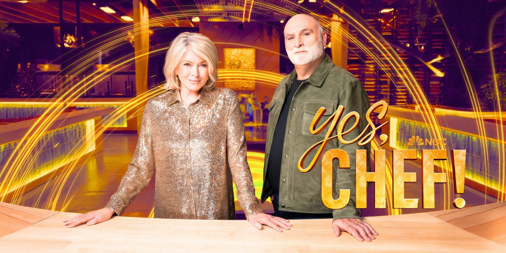 Yes Chef Season 1 montage with martha stewart and cohost jose andres posing on set