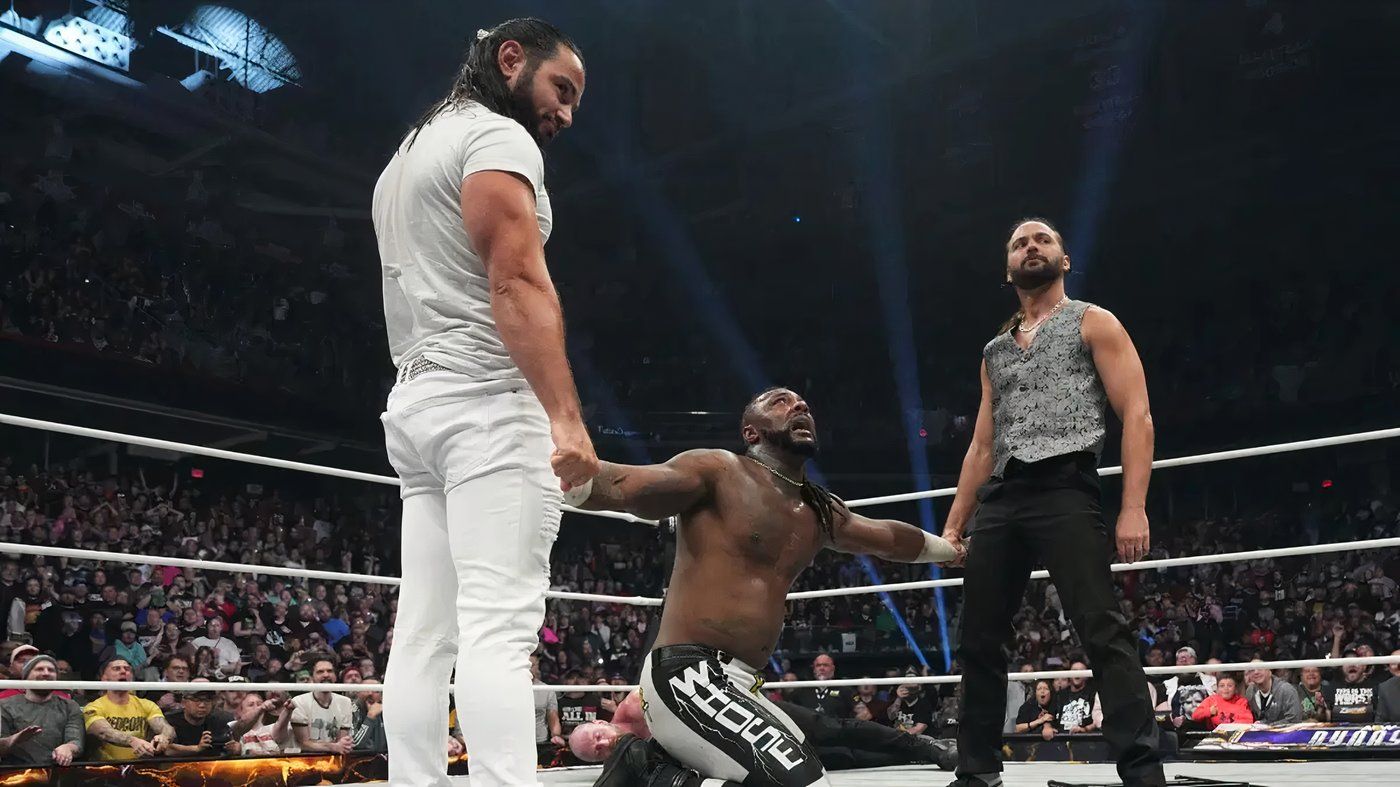 Young Bucks and Swerve Strickland at the end of AEW Dynasty 2025