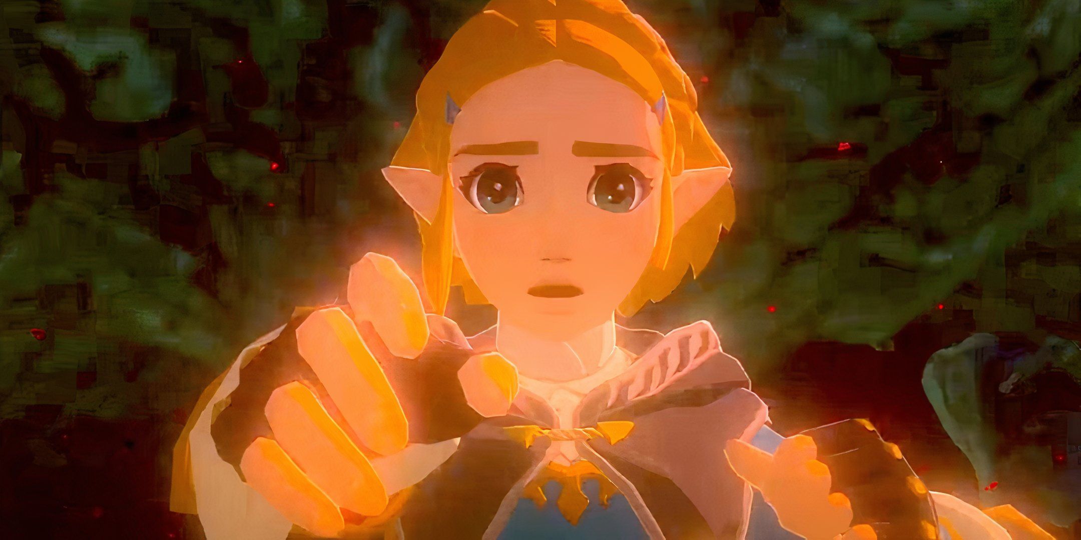 Zelda falling with her hands outstretched in Tears of the Kingdom.