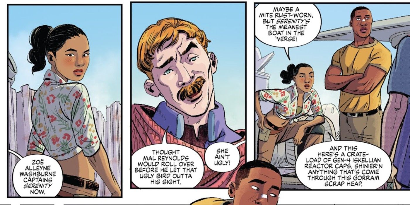 Zoe&rsquo;s daughter Emma Washburne and Salo talk to a bystander (who namedrops Mal Reynolds) about who leads the Serenity now in Firefly Brand New Verse #1