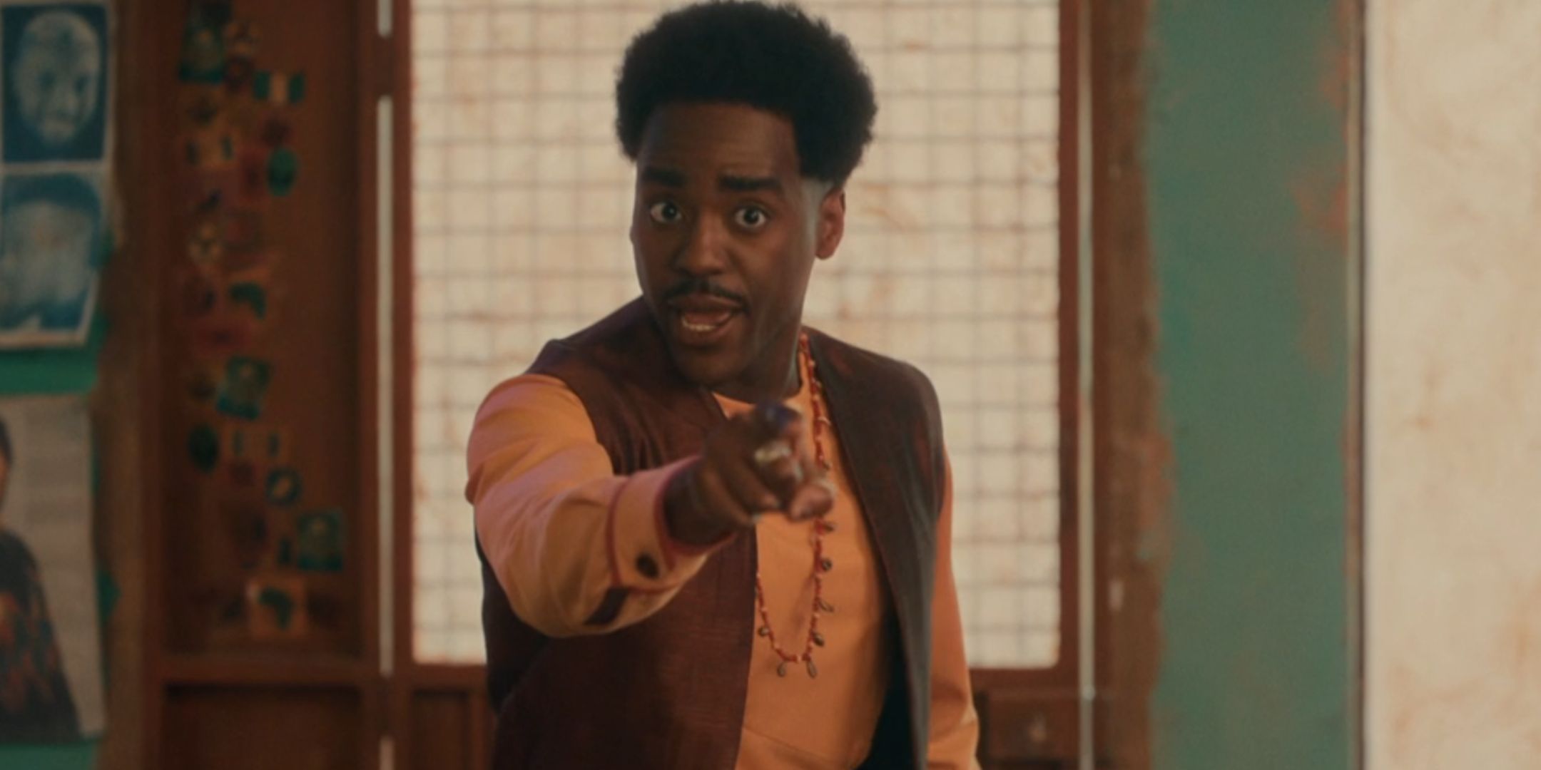 Ncuti Gatwa pointing at the screen as the Fifteenth Doctor in Doctor Who