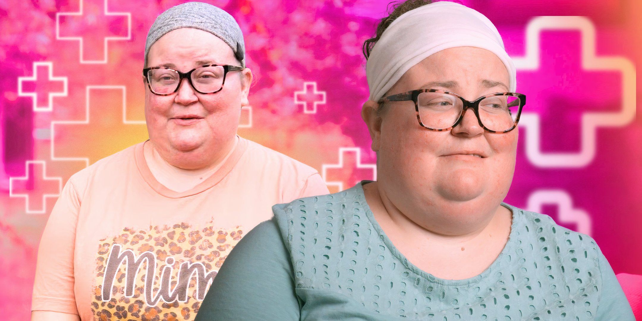1000 lb sisters star brittany combs in two outfits in montage and looking serious in both with pink background