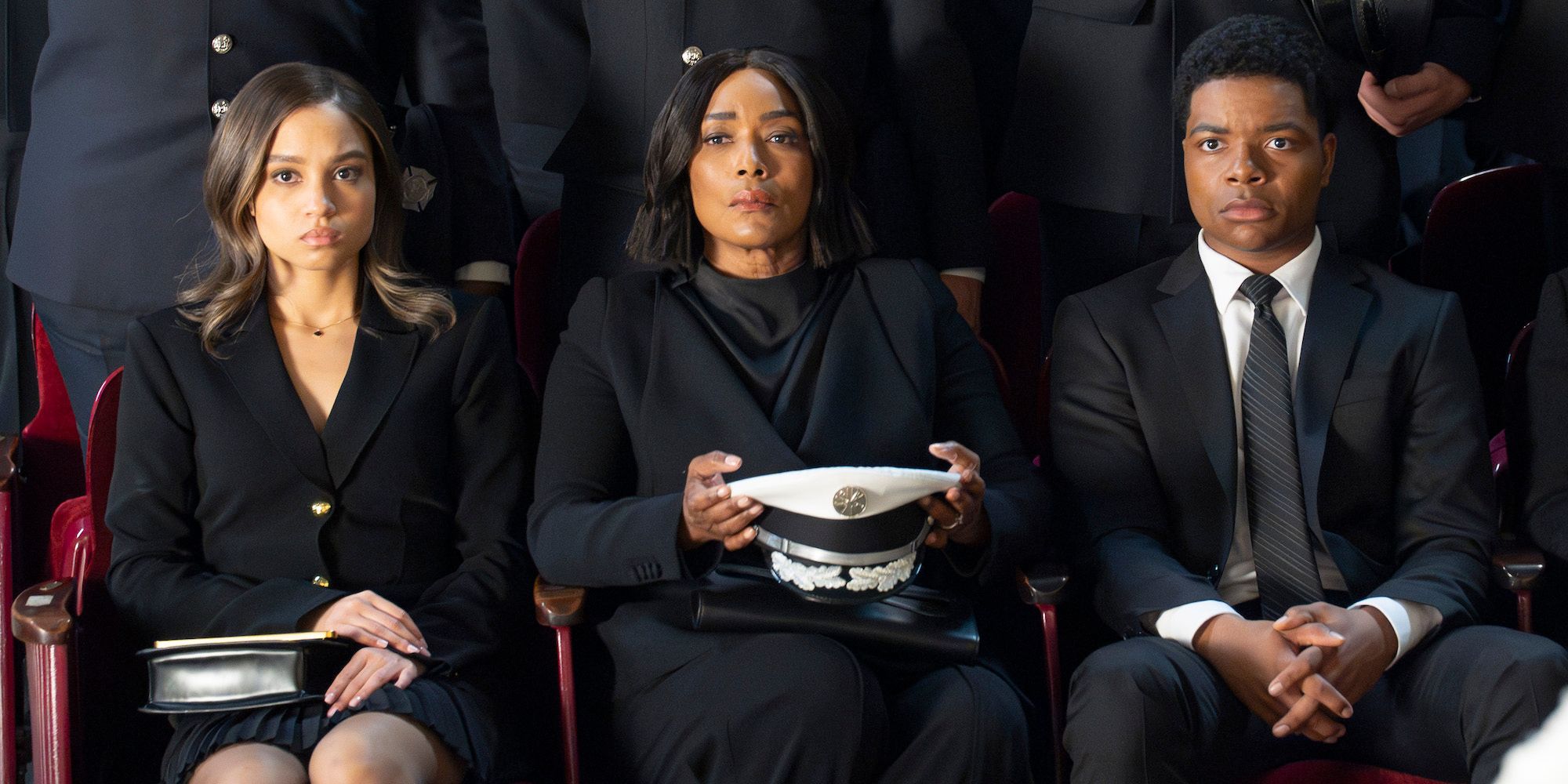 May (Corinne Messiah), Athena (Angela Bassett), and Harry (Elijah M. Cooper) Grant-Nash at Bobby's funeral in 9-1-1 season 8, episode 16.