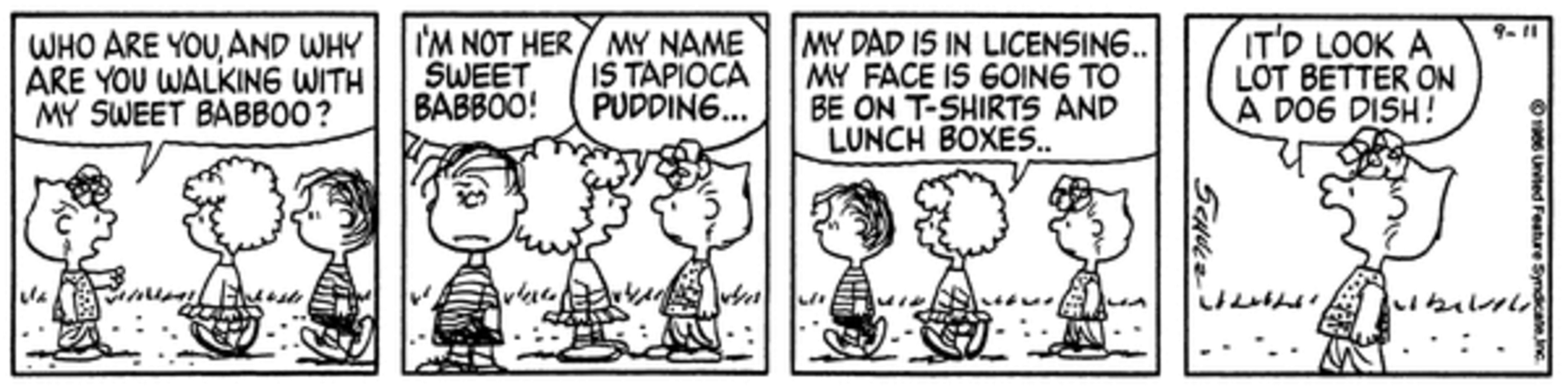 Sally gets mad Tapioca Pudding and Linus together.
