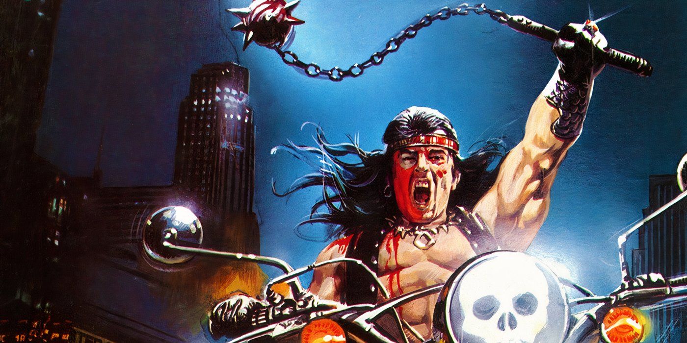 A man with face paint screams while holding a spiked weapon from the poster of 1990: Bronx Warriors 