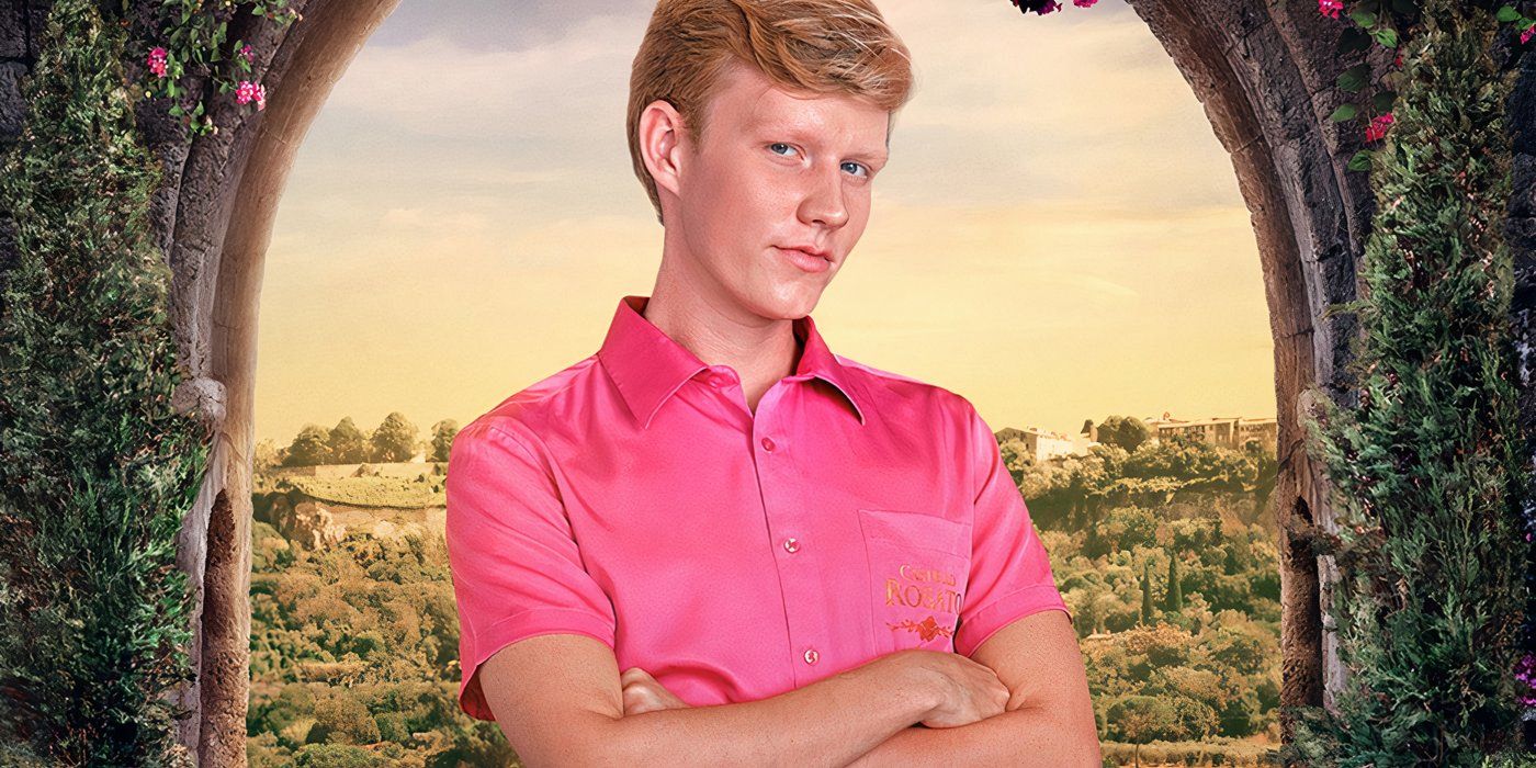 Hagen Bach de Vanderpump Villa en un disparo promocional con rosa