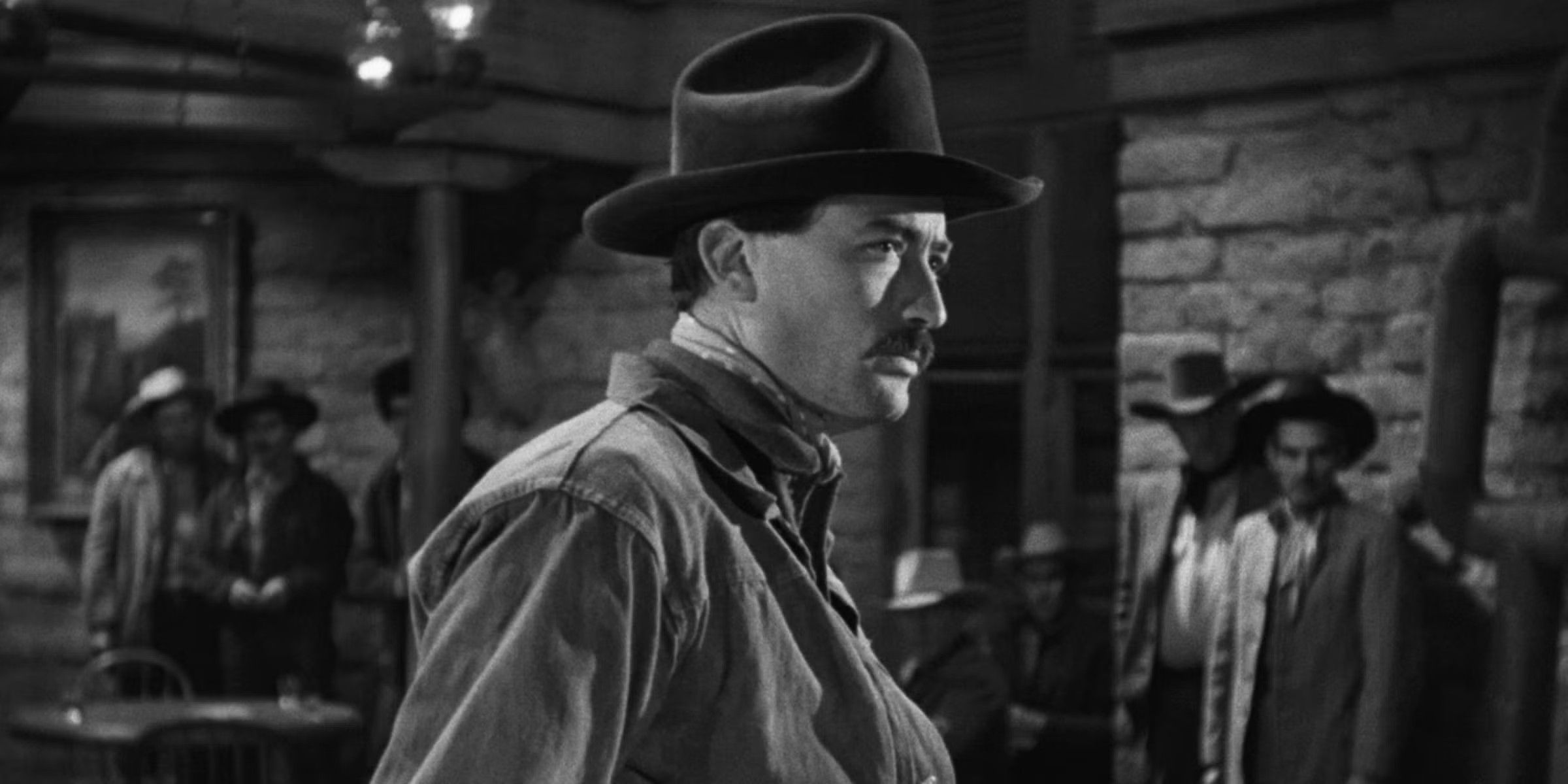 Gregory Peck as Jimmy Ringo in a saloon in The Gunfighter