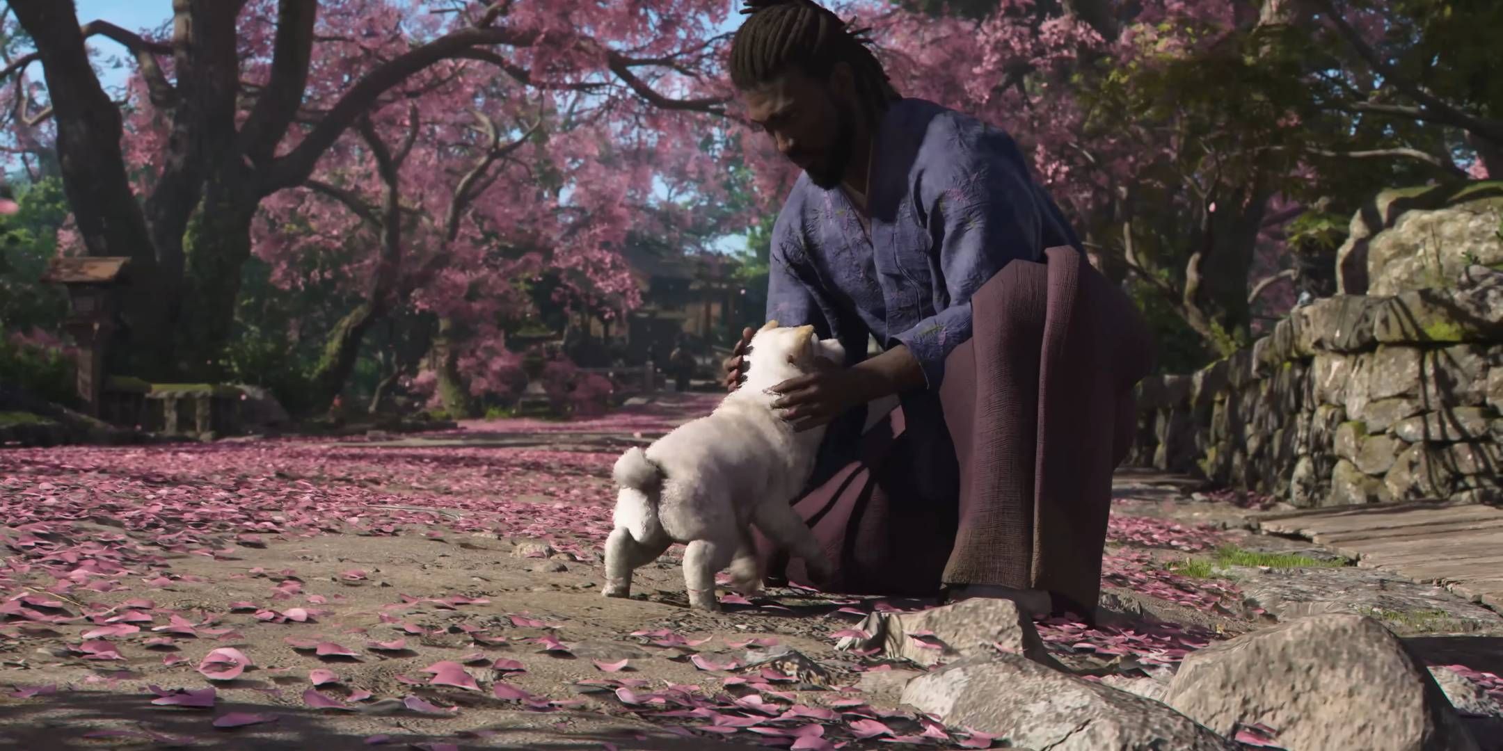 Assassin's Creed Shadows Yasuke petting a dog