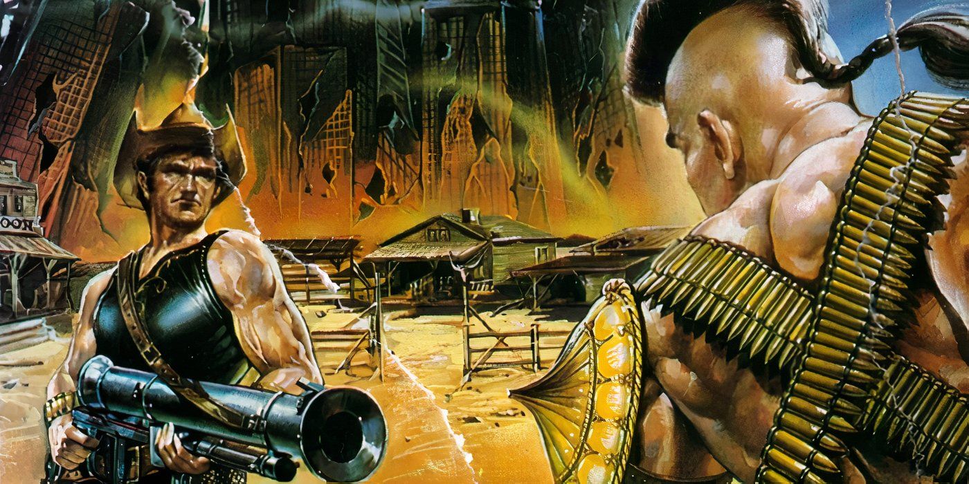 A man in a cowboy hat points a large gun at another man in armor from the poster of 2020 Texas Gladiators