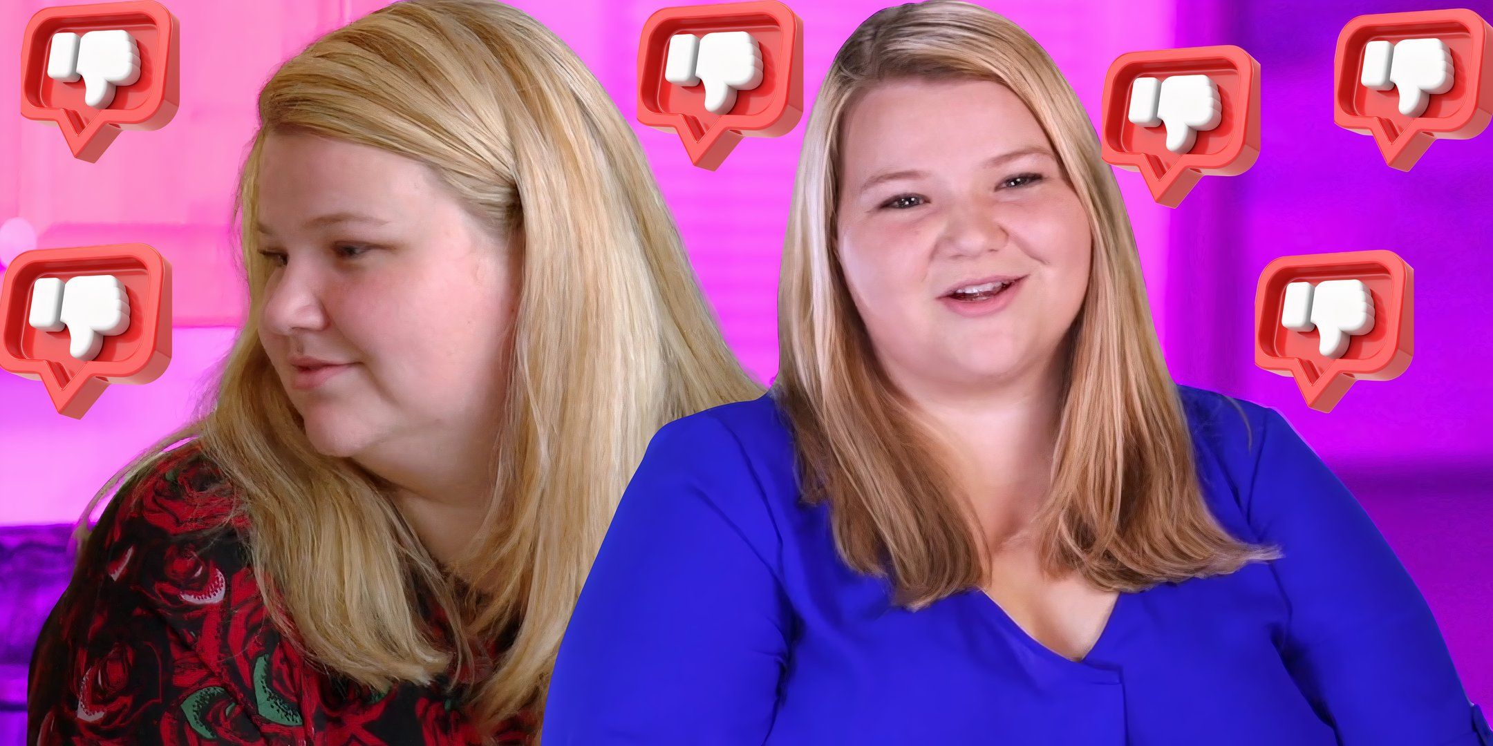 90 day fiance star nicole nafziger in two poses in red and electric blue outfits with pink background with emojis