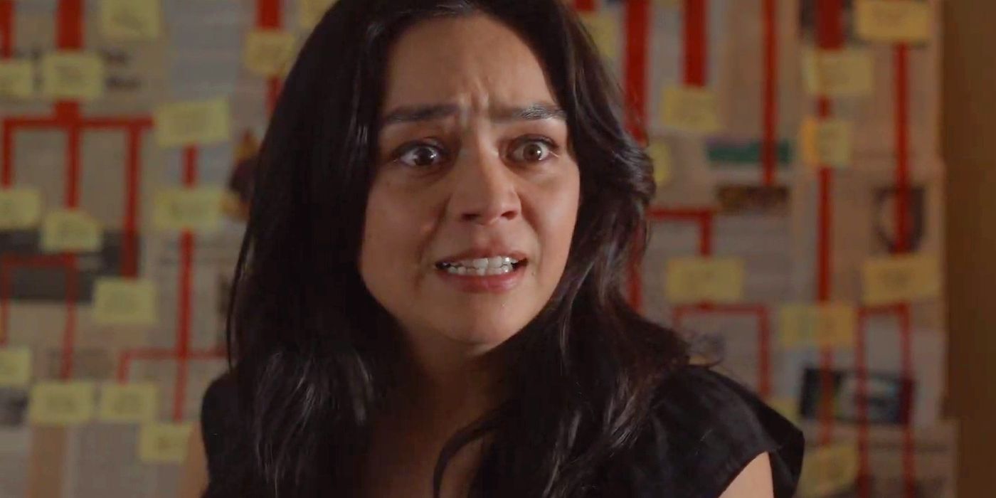 A character looking scared in front of a board in Final Destination Bloodlines