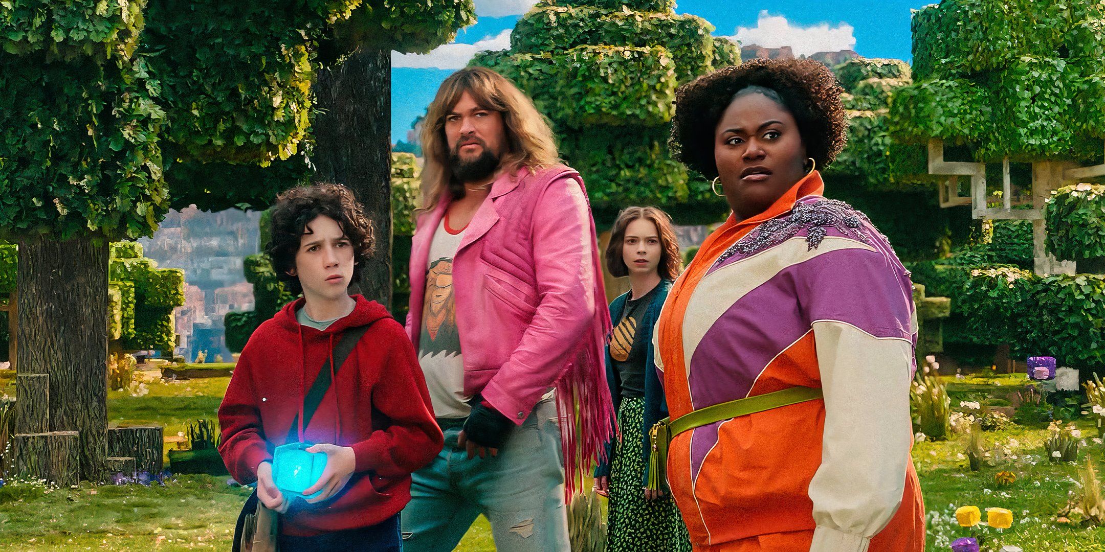 Four A Minecraft Movie characters are looking to the side in the universe