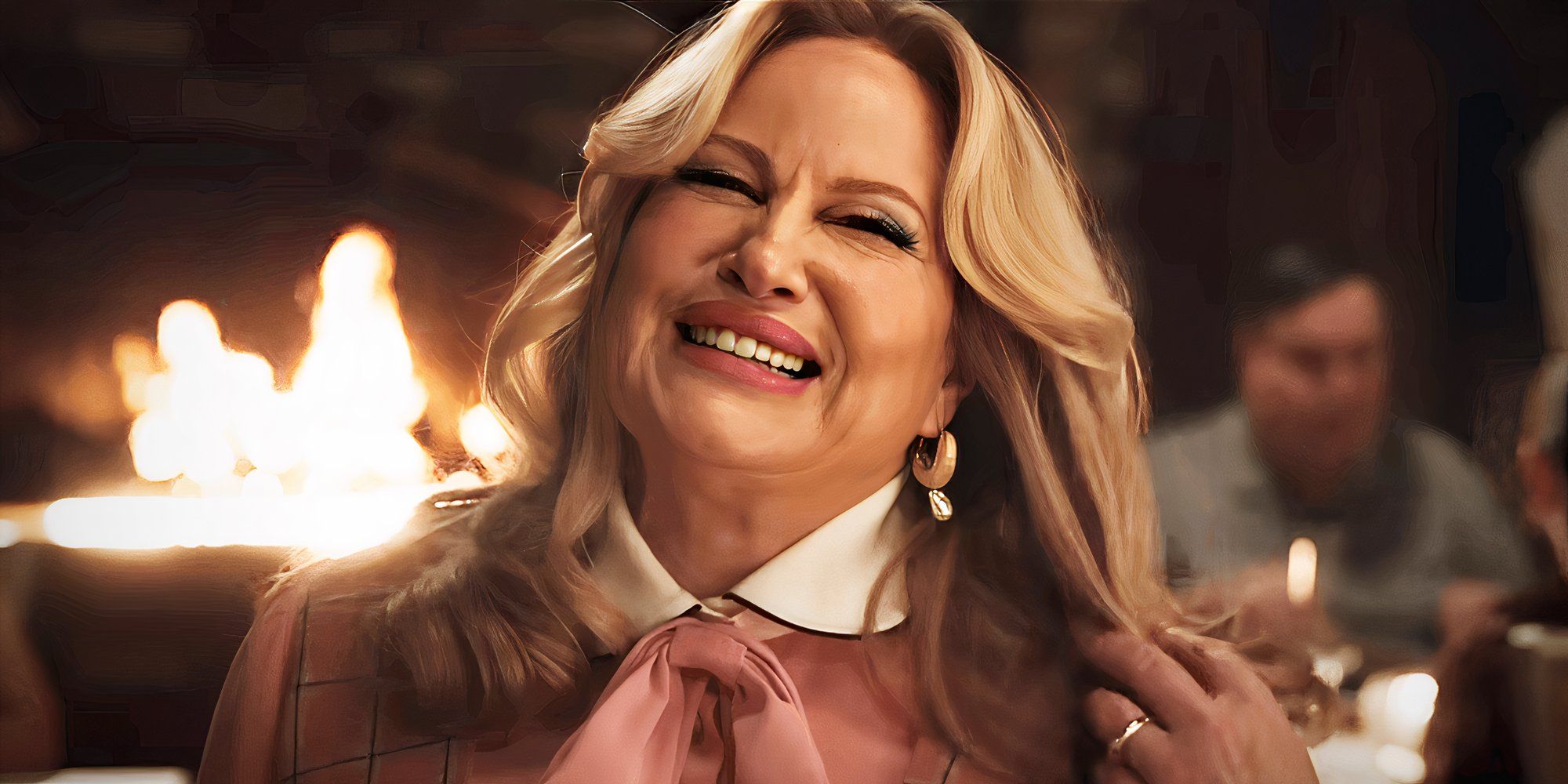 Jennifer Coolidge as Marlene smiling on a date in A Minecraft Movie.