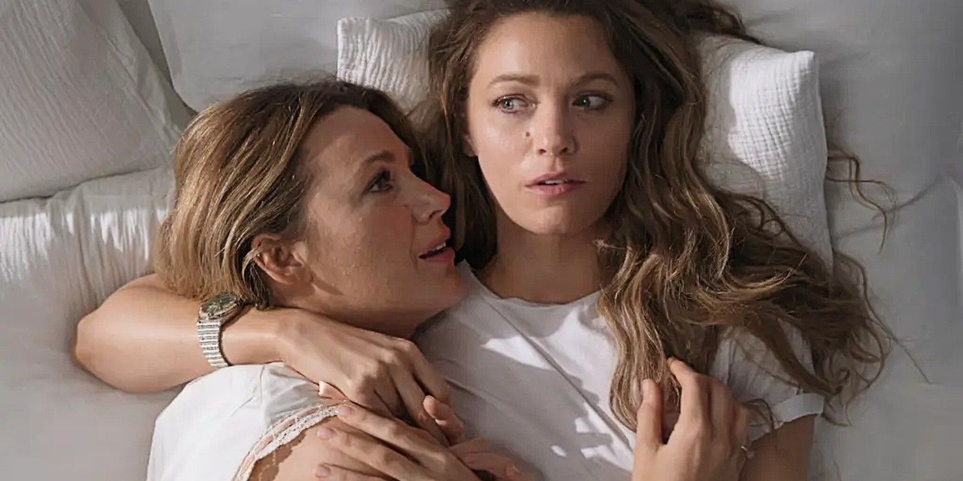 a paralyzed Emily lying in bed with Charity cuddled up next to her in Another Simple Favor