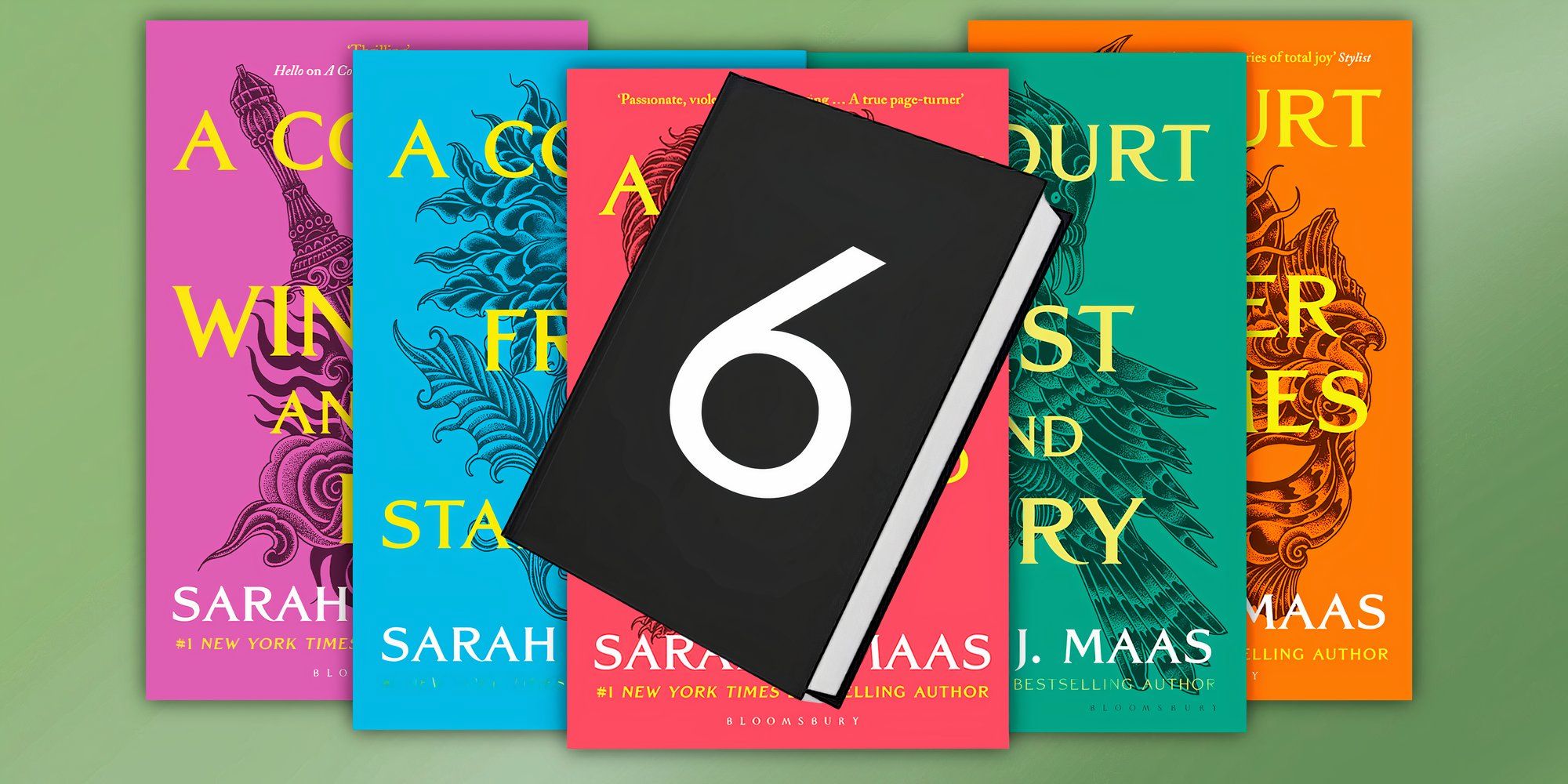A custom image of the ACOTAR series with a black book 6 at the front