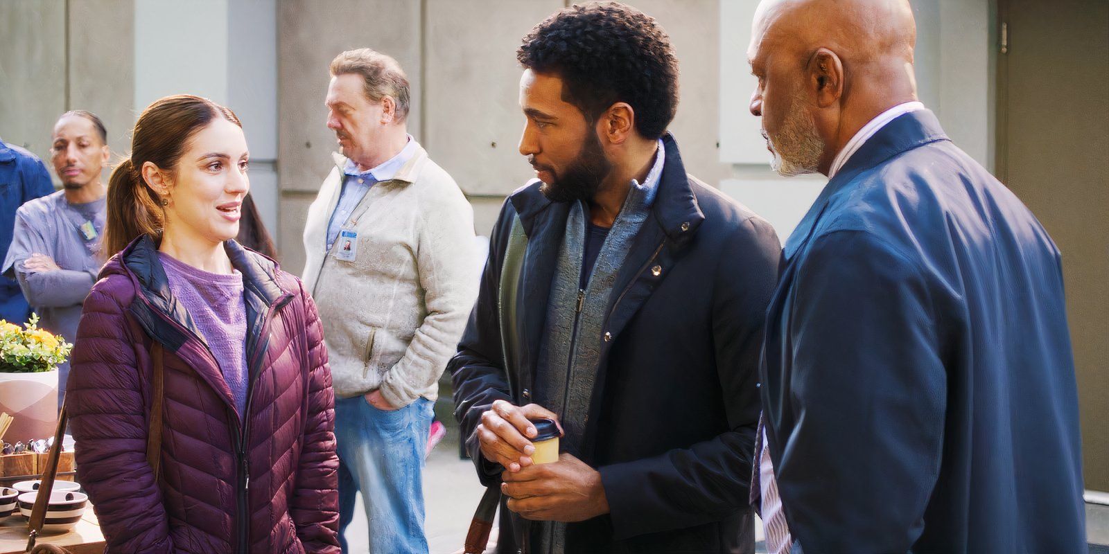 Adelaide Kane as Jules Millin, Anthony Hill as Winston Ndugu and James Pickens Jr. as Richard Webber in Grey's Anatomy season 21
