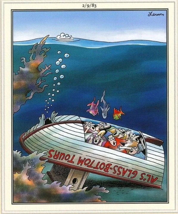 A glass-bottomed boat sinks while the people trapped inside scream