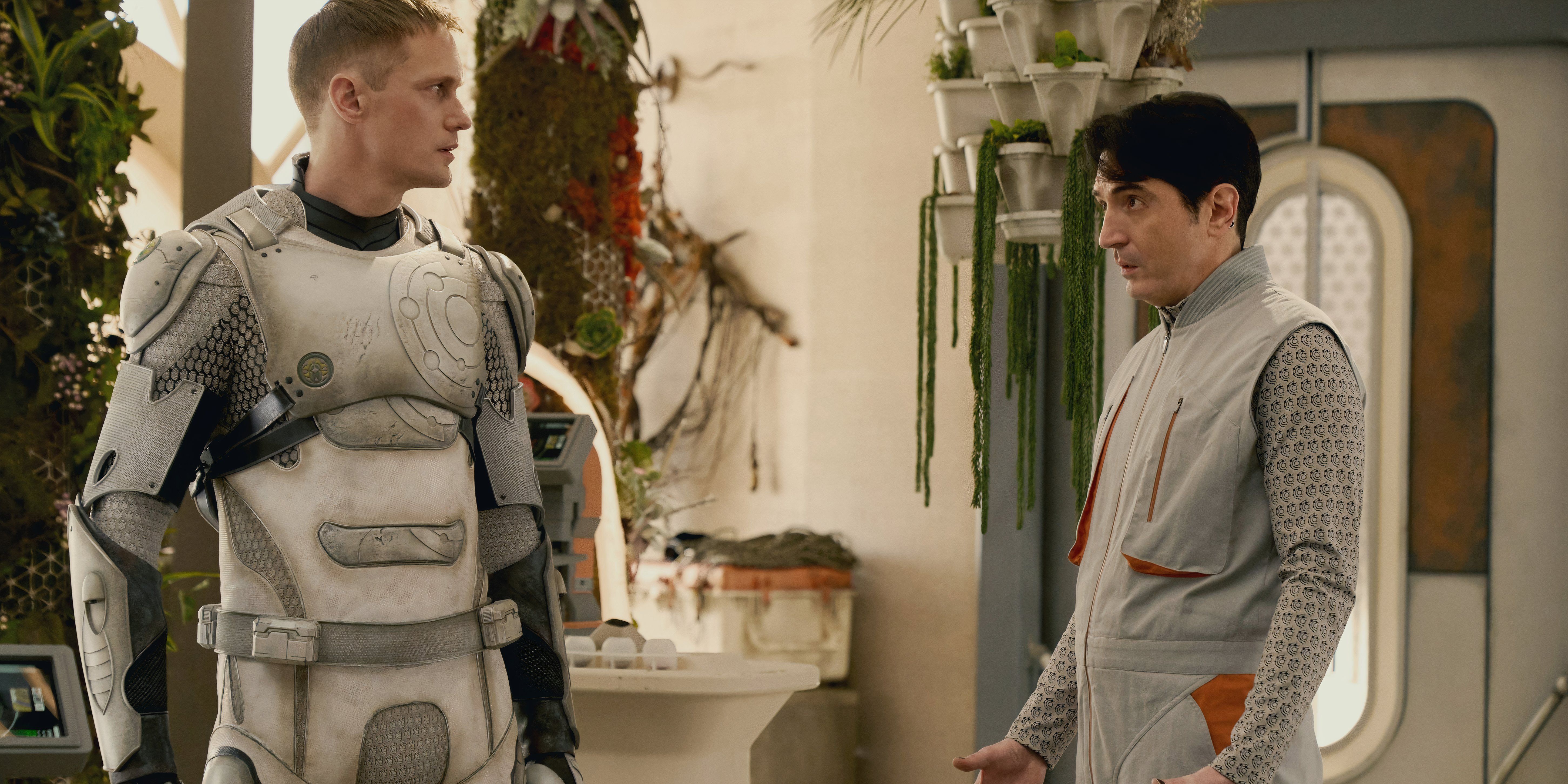 Alexander Skarsgard and David Dastmalchian in Murderbot