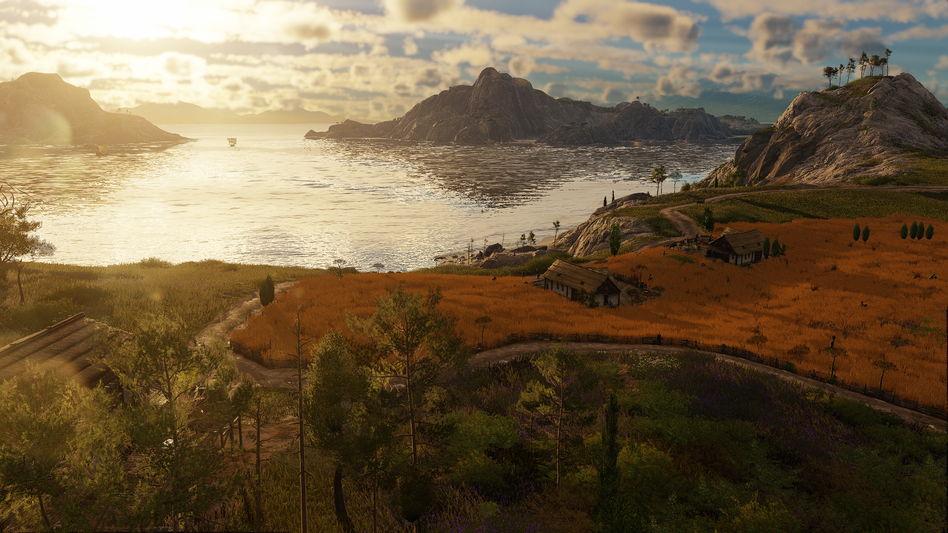 Anno 117 evening image showing a wheat farm near a coastline.