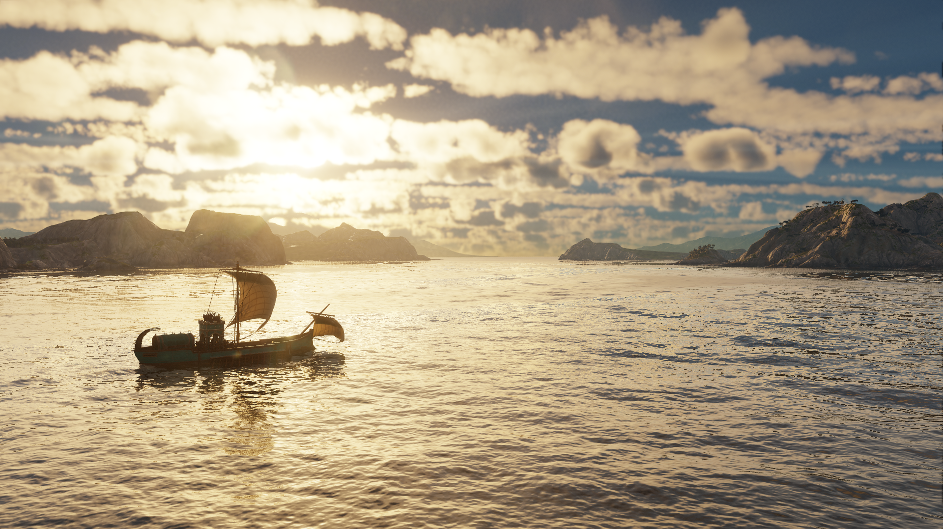 Anno 117 image showing the sea around sunset with a single ship sailing across the water.