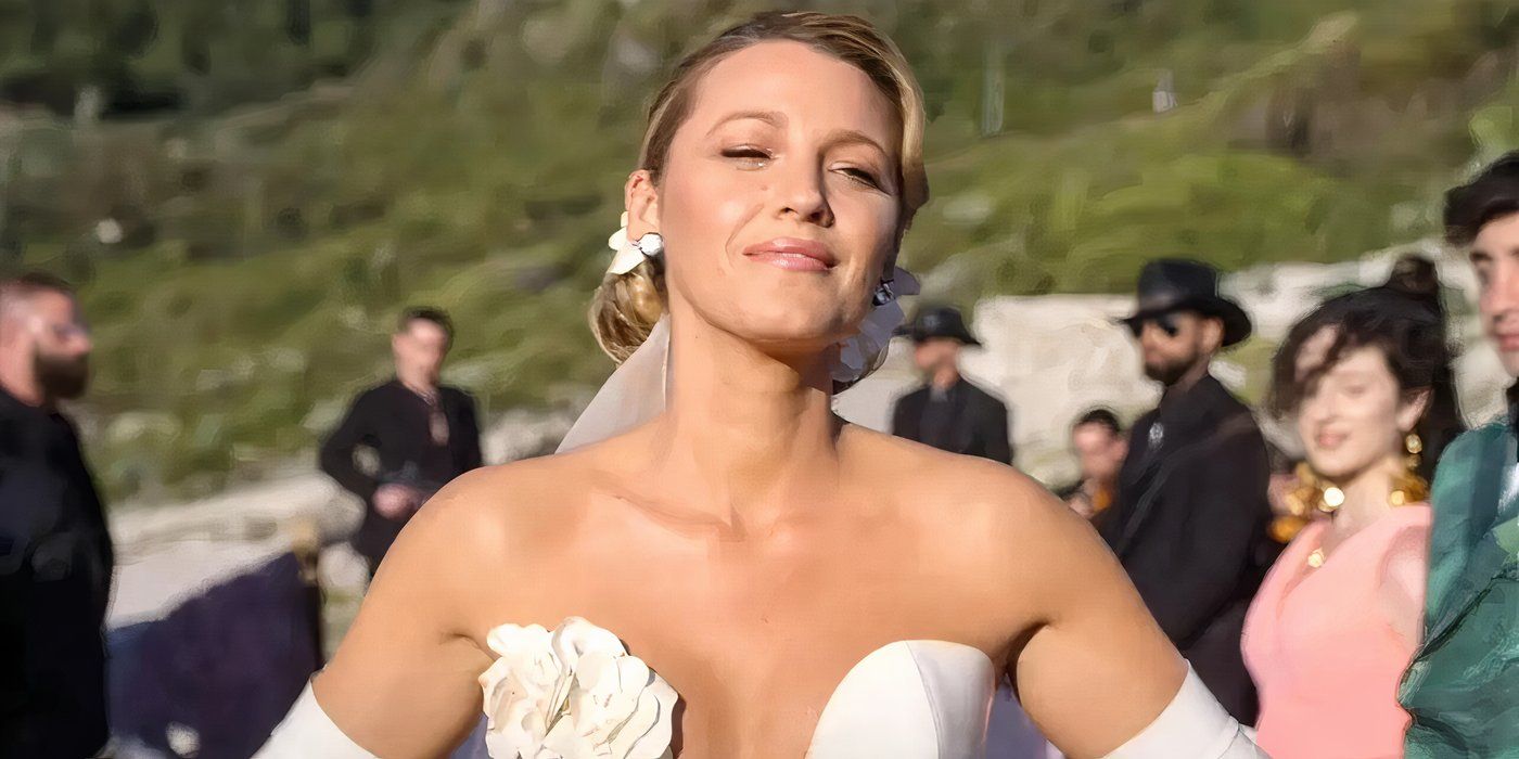 Emily is wearing her wedding dress in Another Simple Favor 