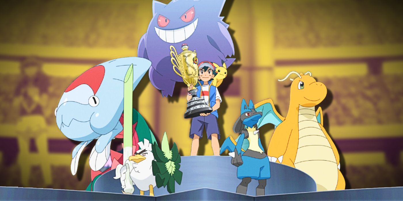 Ash stands smiling with Pikachu on his shoulder and Dragonite, Gengar, Lucario, Dracovish, and Sirfetch&rsquo;d.