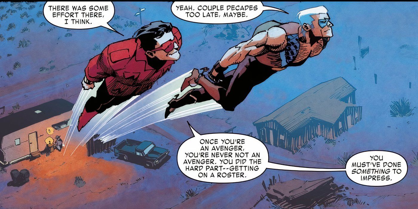 Wonder Man spiega a Blue Bolt che essere un Avenger dura per sempre.
