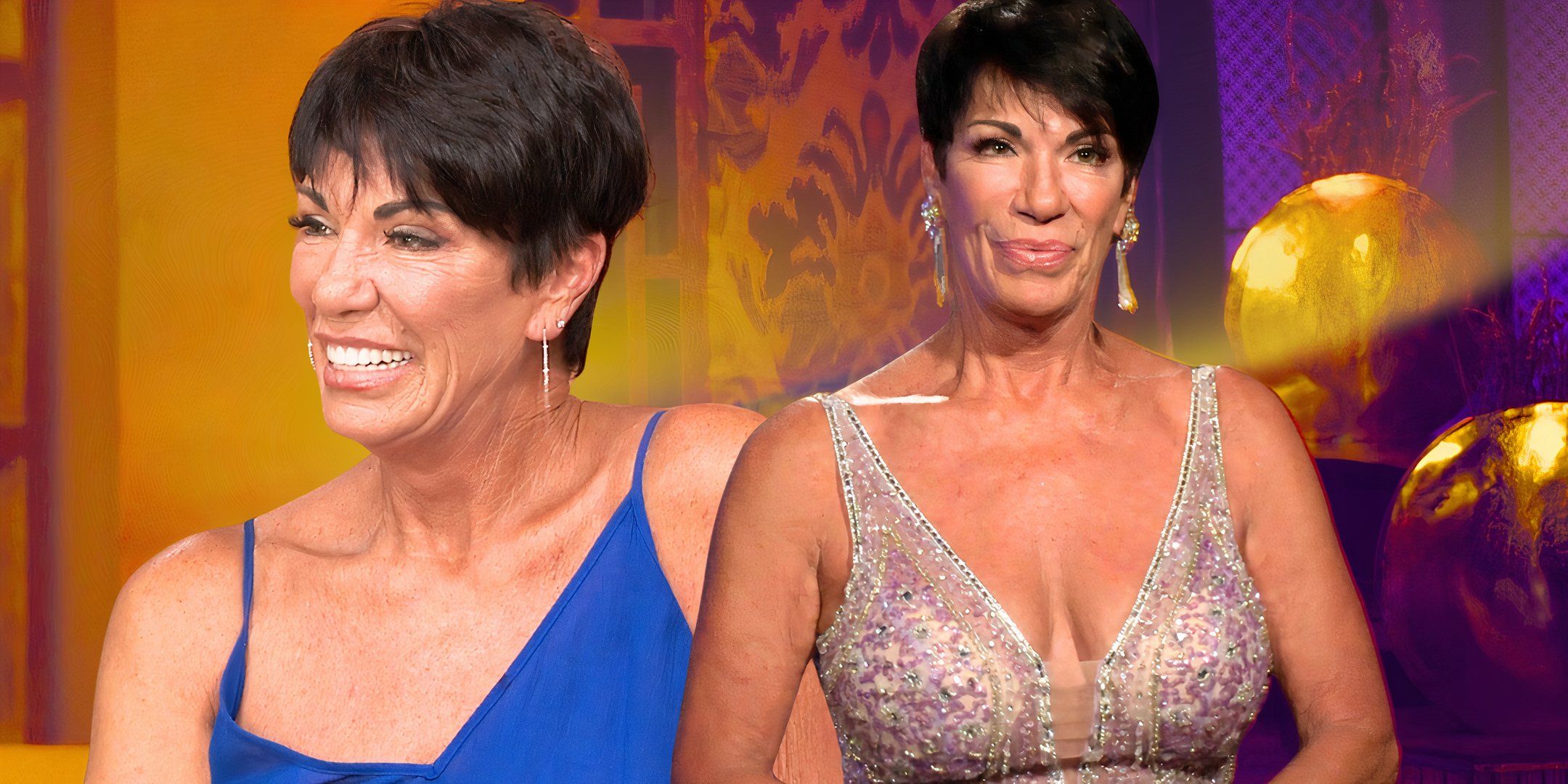 bachelor in paradise alum susan noles in two close ups in different dresses and brocade design in background
