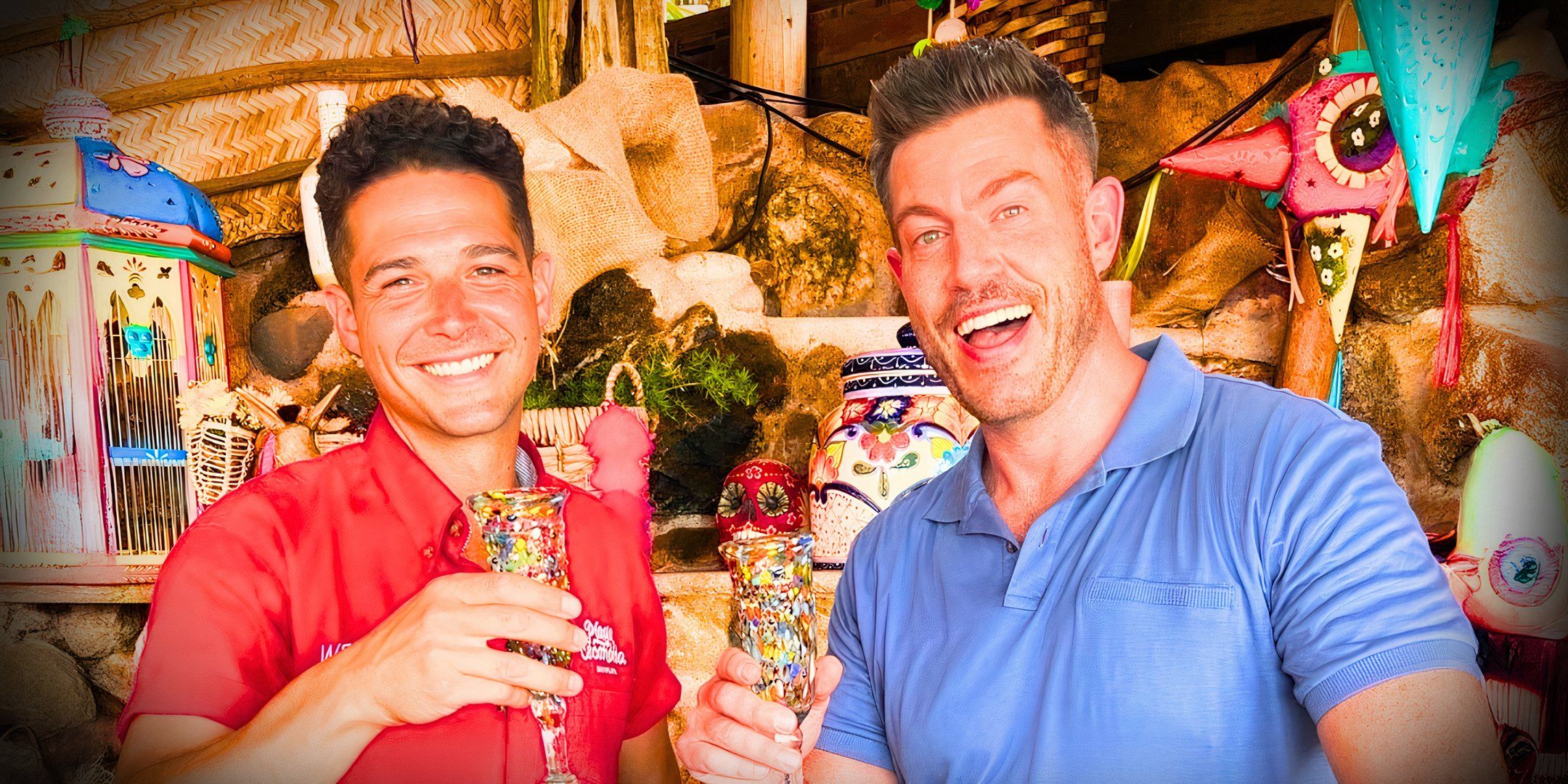 Bachelor In Paradise Season 10 stars wells adams and jesse palmer holding drinks on the set and smiling