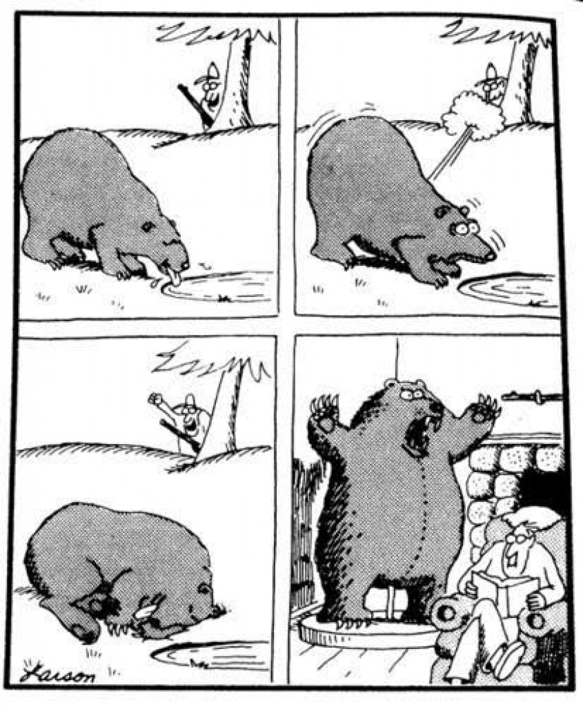 A hunter shoots and kills a bear drinking water, then mounts it by a fireplace