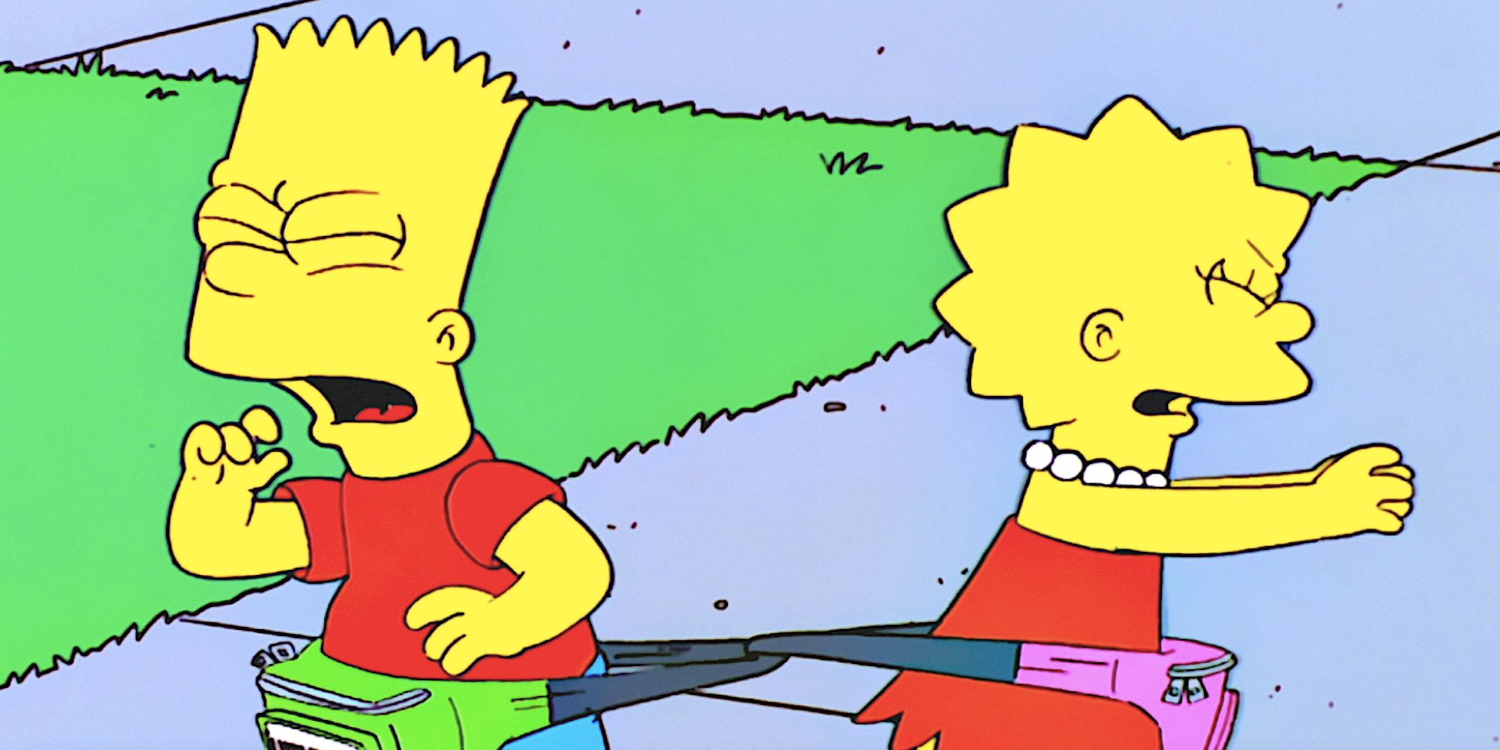Bart and Lisa both cry out in annoyance as their fanny packs tether them together in The Simpsons