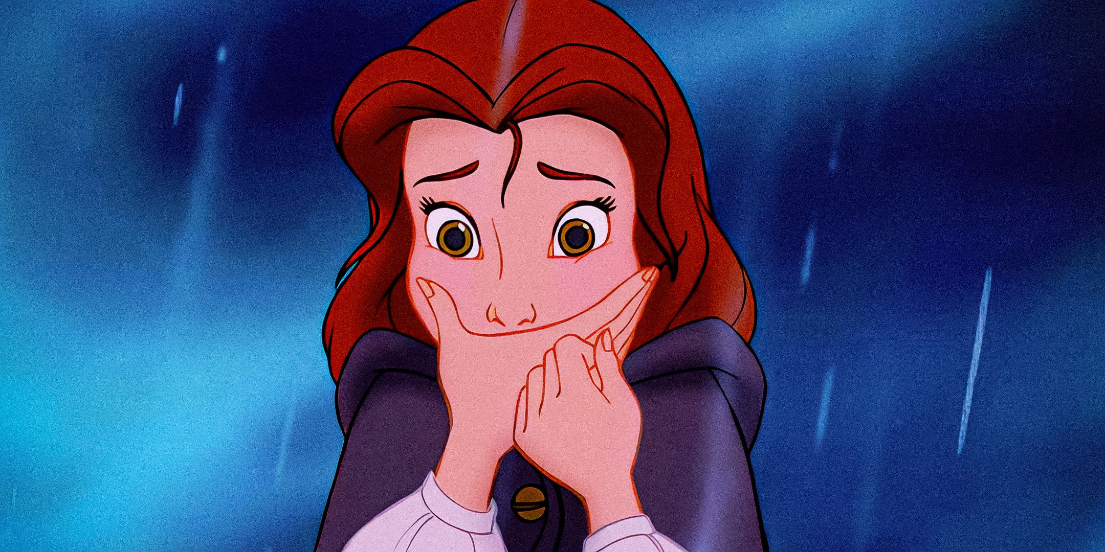 Belle looking shocked with her hands over her mouth in Beauty and the Beast