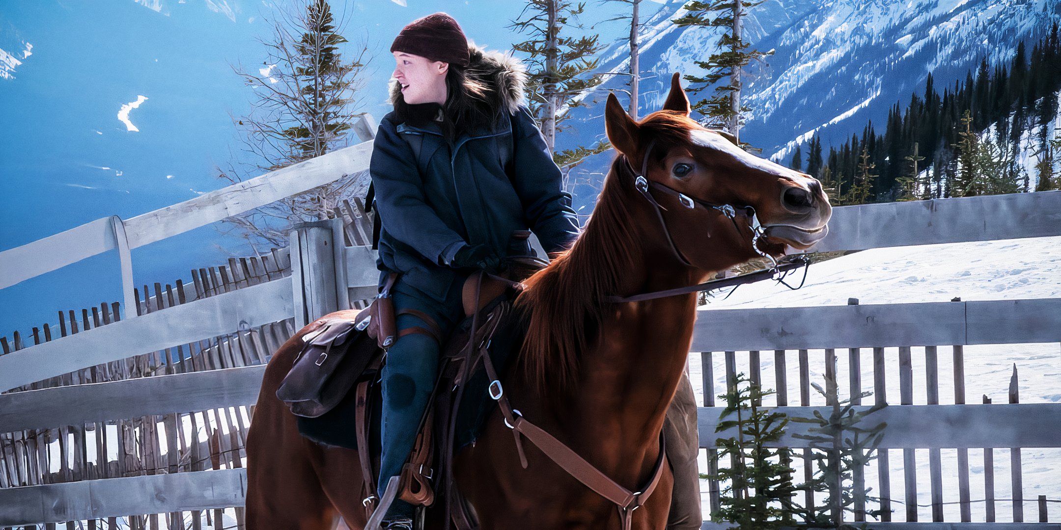 Bella Ramsey as Ellie riding Shimmer the horse with snow in the background in The Last of Us