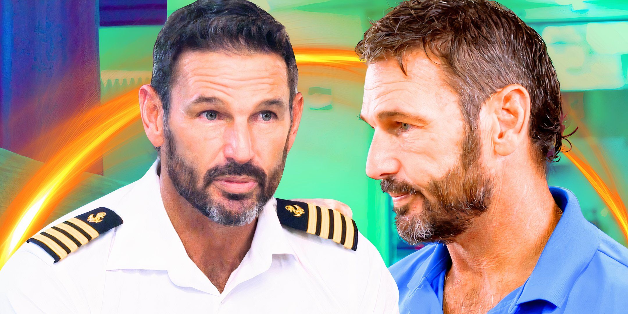 Below Deck Down Under star Captain Jason Chambers in two poses in uniform and blue shirt with green background