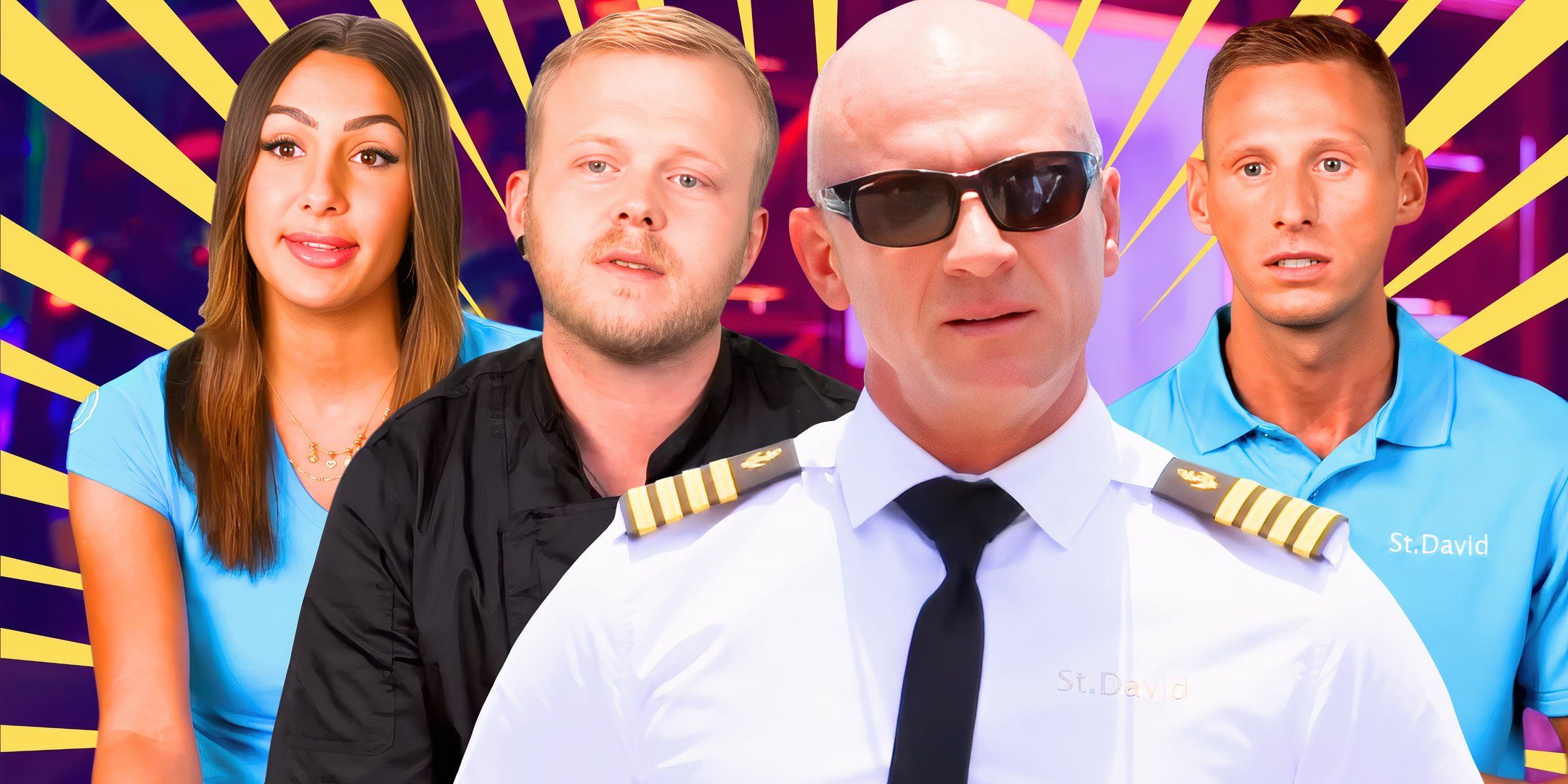 Below Deck season 12 star Captain Kerry Titheradge in sunglasses in montage with crew members