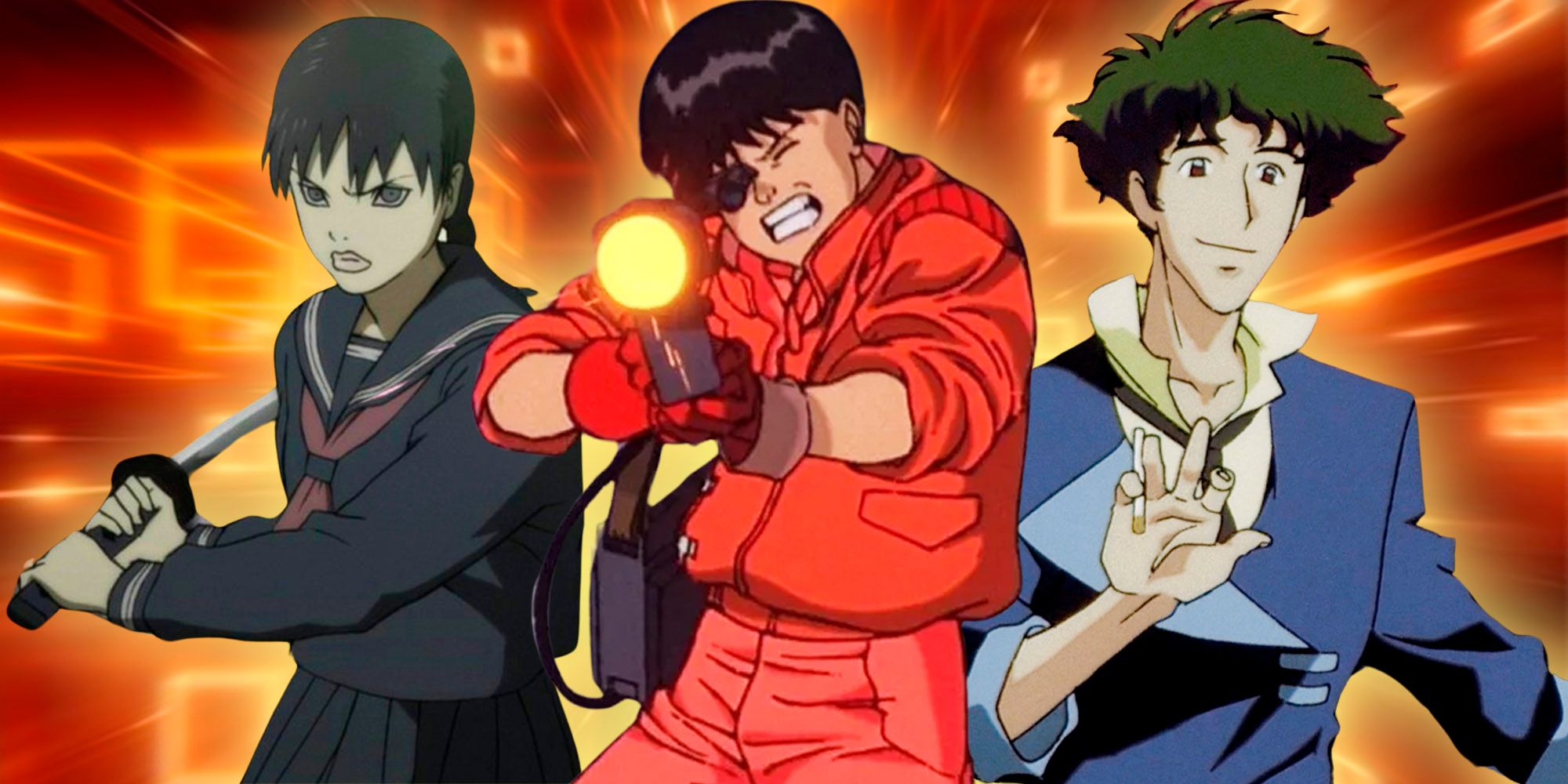 Blood; The Last Vampire&rsquo;s Saya with her katana, Akira&rsquo;s Kaneda firing a gun, Cowboy Bebop&rsquo;s Spike smiling.