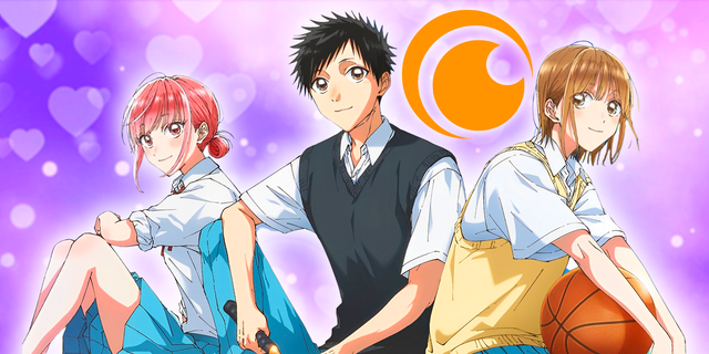 Kotak Biru - Hina, Chinatsu, dan Taiki Duduk dengan Hati Ungu dan Logo Crunchyroll Fitur Gambar