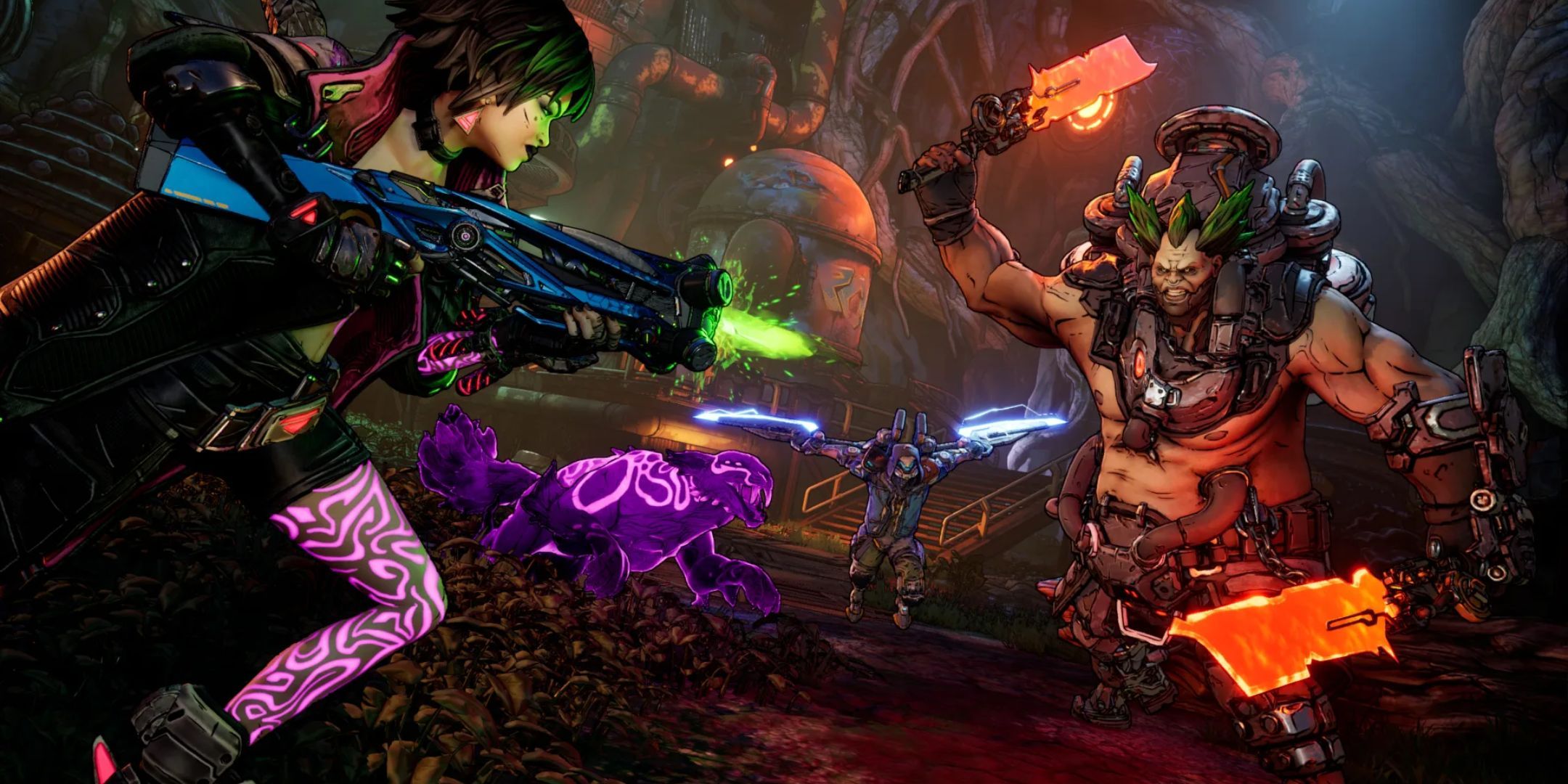Borderlands 4 artwork with a character shooting a gun at an enemy holding two swords