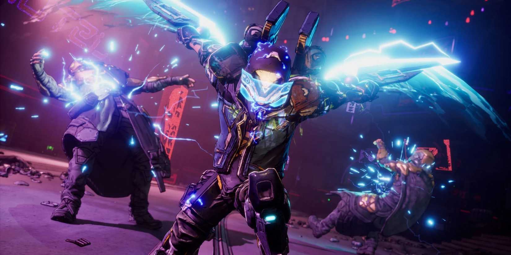 Rafa from Borderlands 4 chopping two enemies with his electric swords.