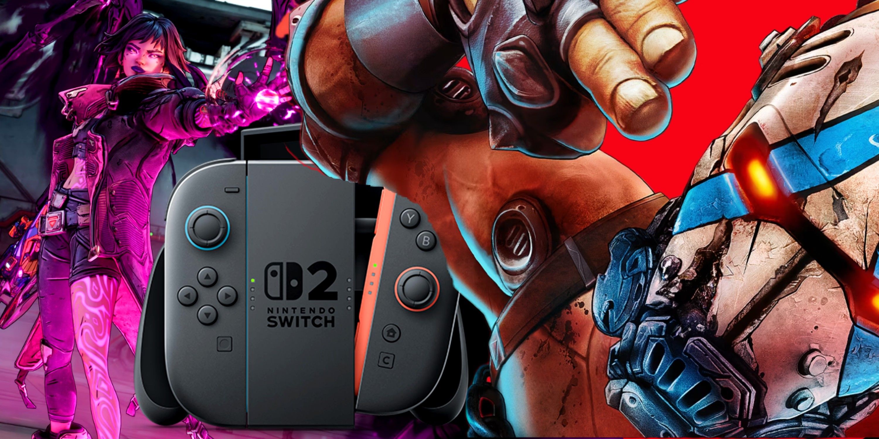 Borderlands masked bandit pointing a finger gun at his head with the Switch 2 and the Borderlands 4 siren vex behind him